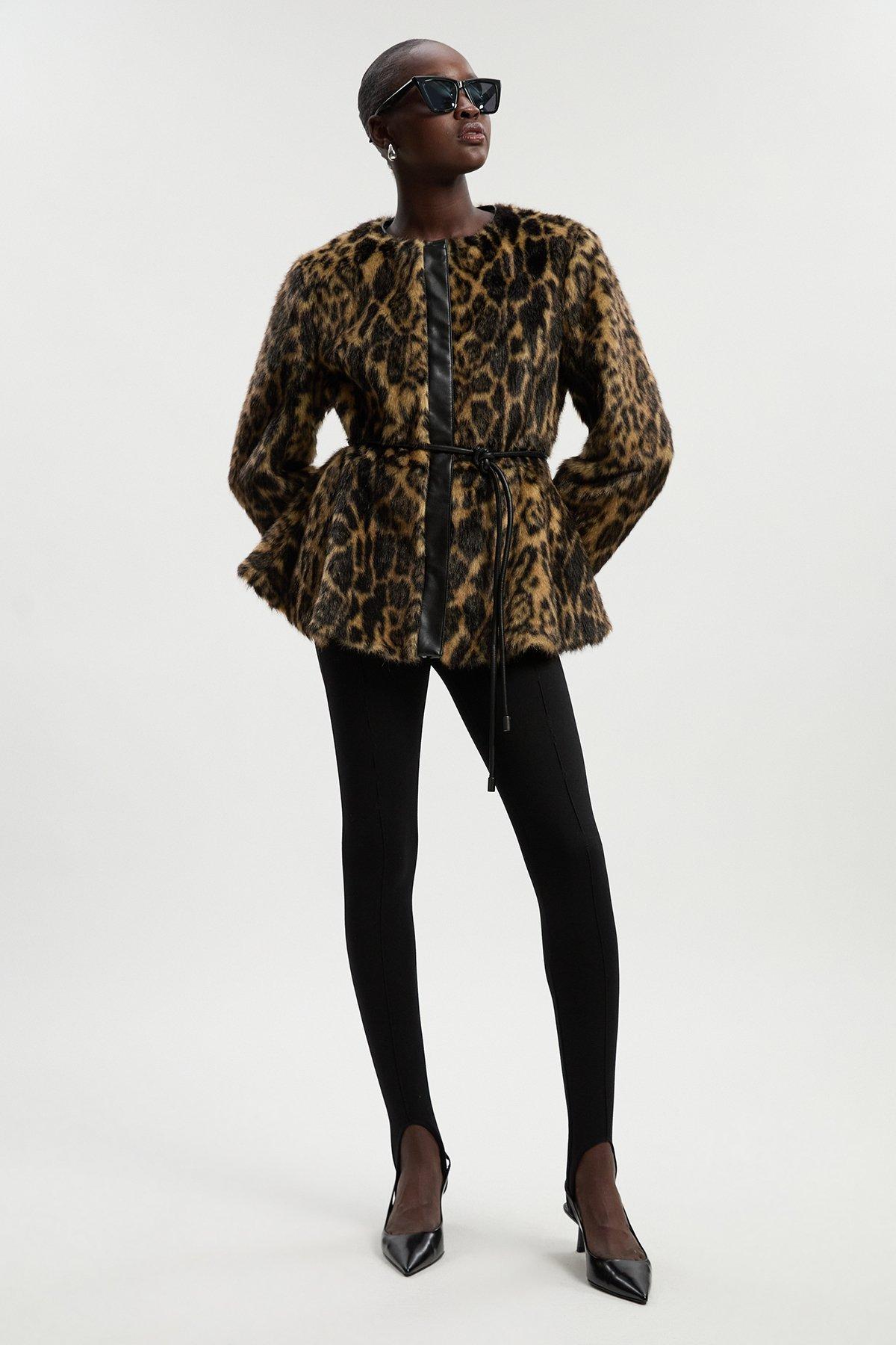 Faux Fur Leopard Collarless Coat