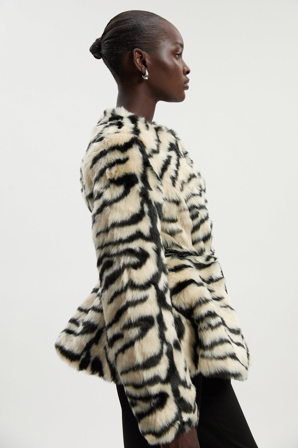 Faux Fur Zebra Collarless Coat - Mono