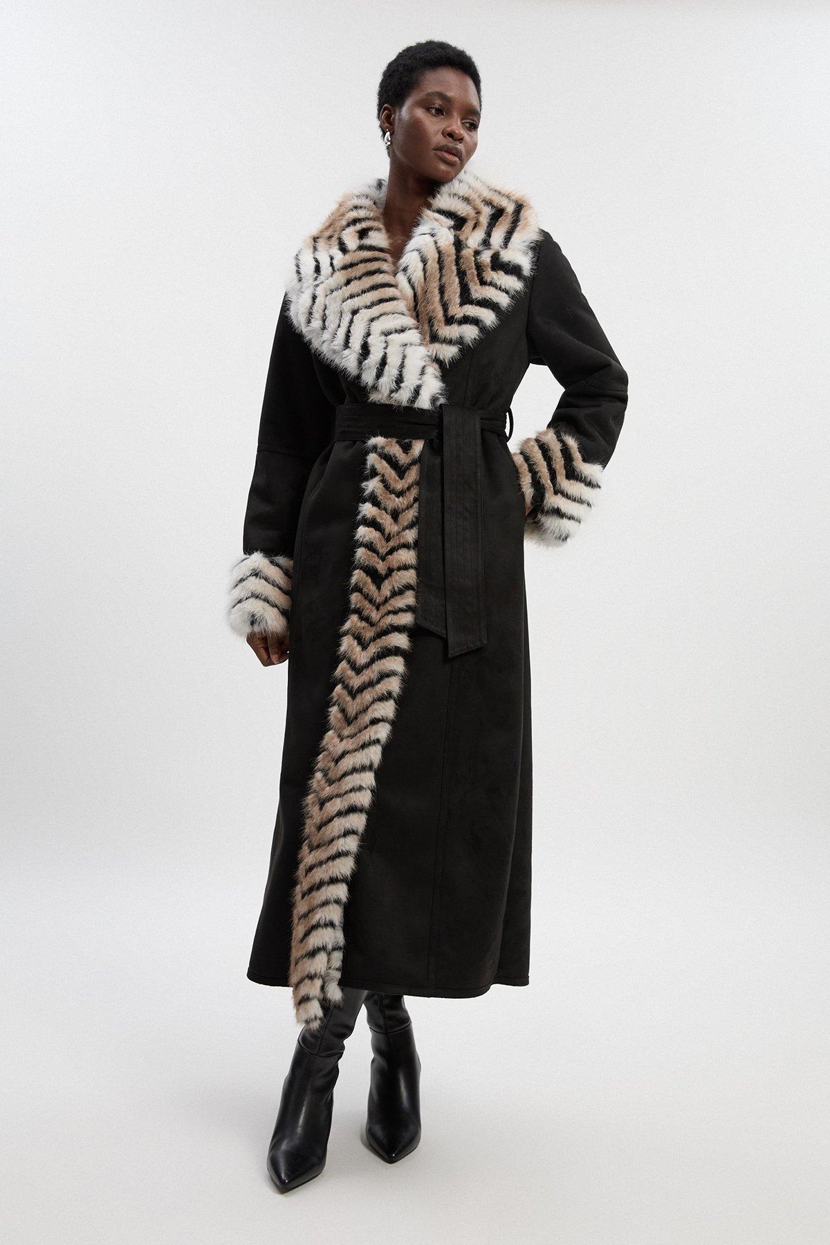 Petite Faux Shearling Contrast Collar & Cuff Belted Maxi Coat - Black