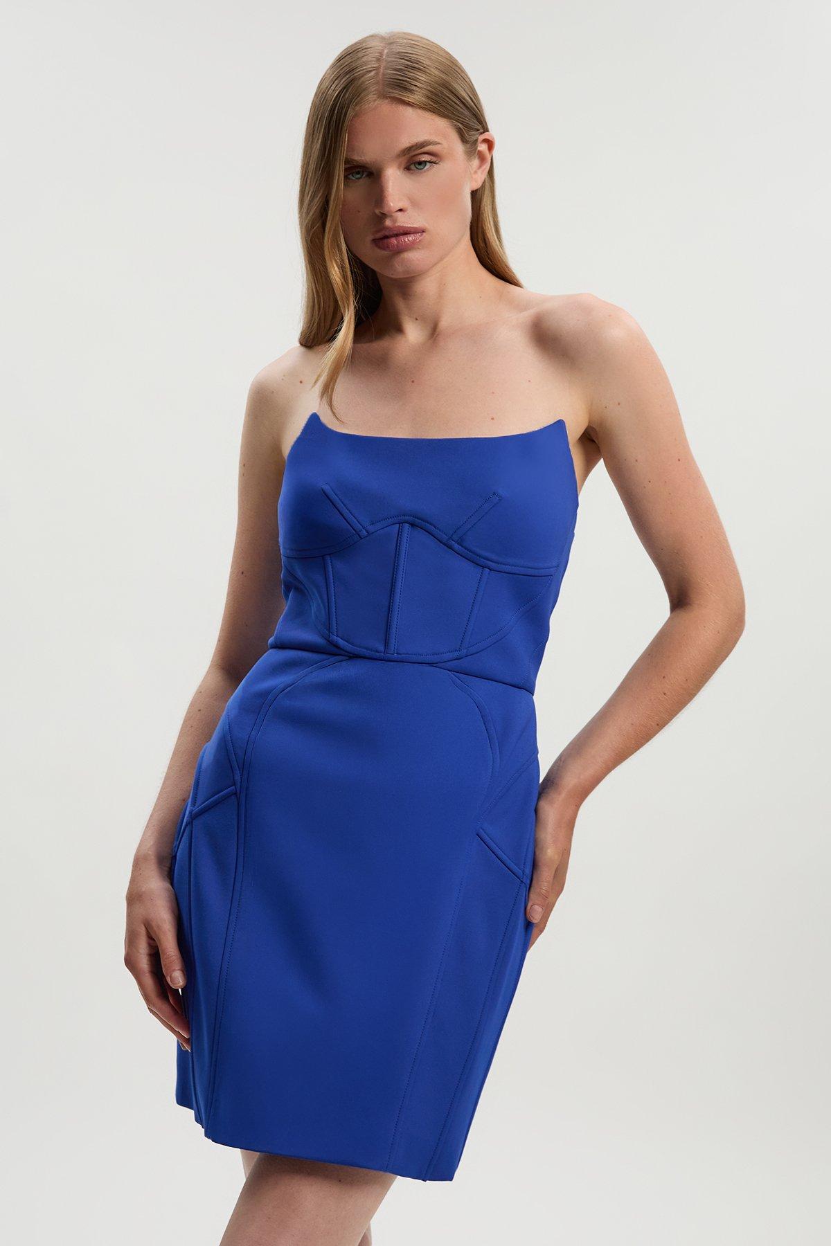 Tailored Scuba Corset Detail Mini Dress - Blue