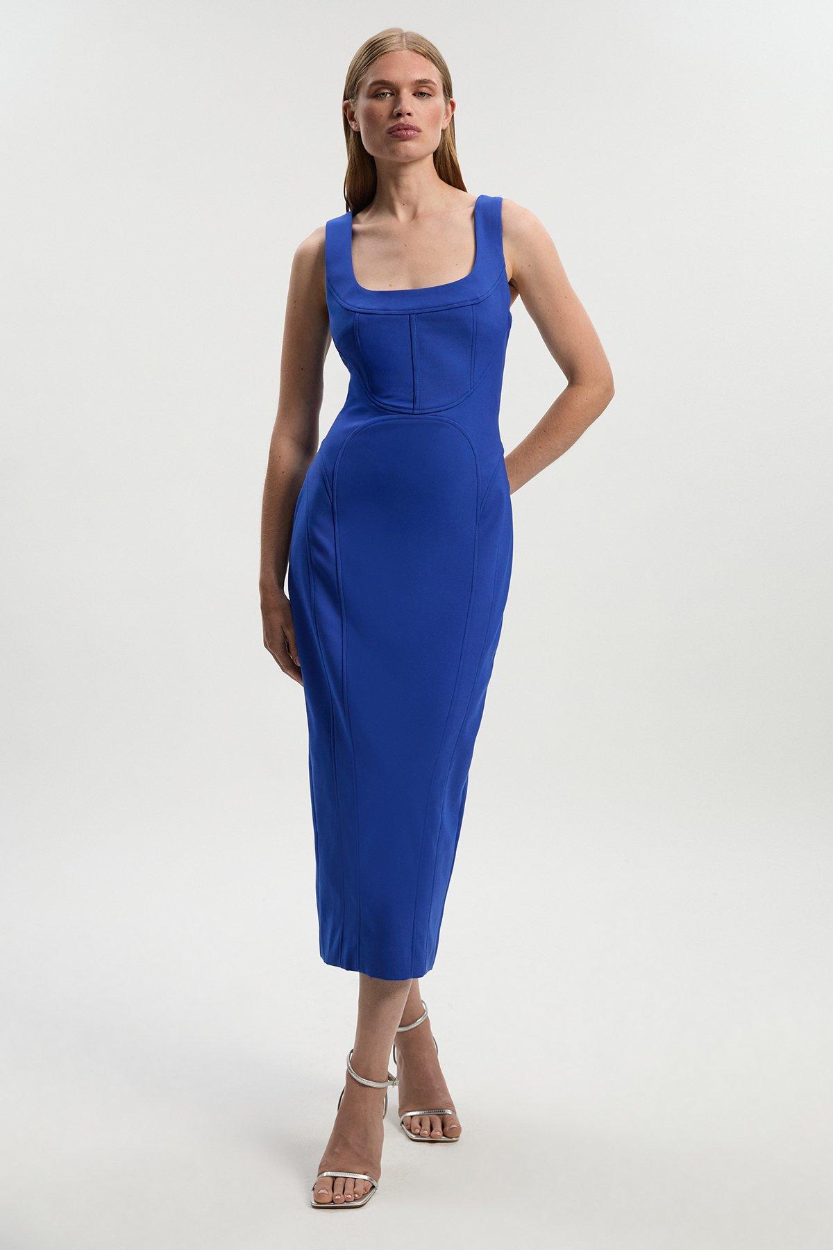 Tailored Scuba Corset Strappy Midi Pencil Dress - Blue
