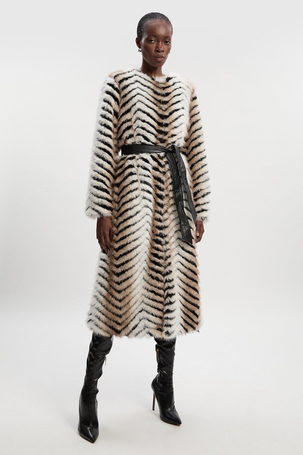 Zig Zag Faux Fur Collarless Belted Long Coat