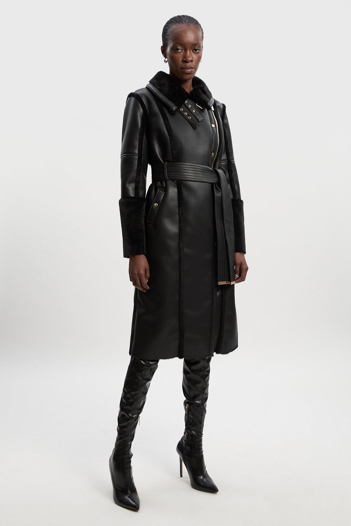 Faux Fur Buckle Detail Belted Biker Midi Coat - Black