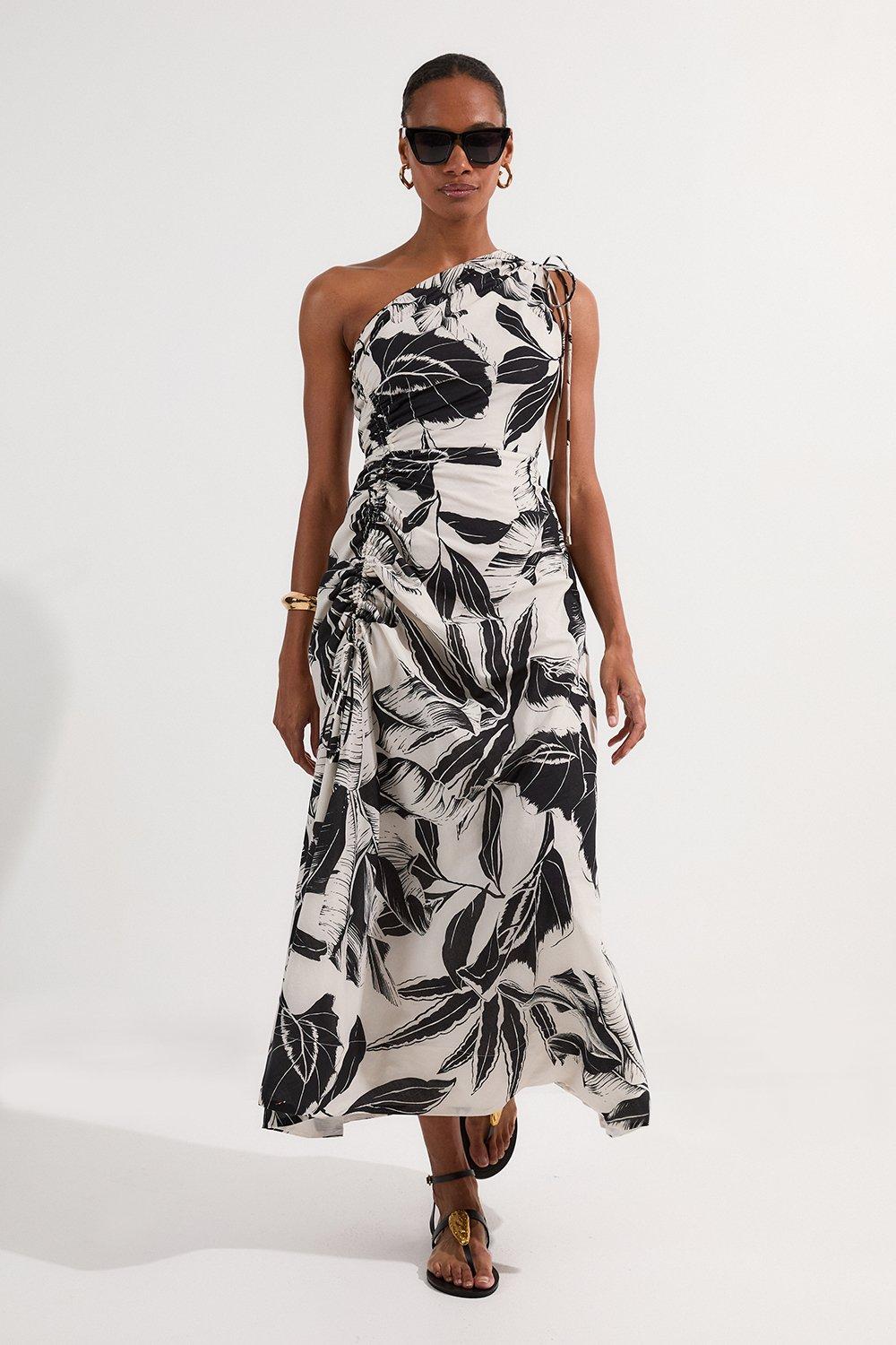 Palm Border Print Cotton Voile One Shoulder Midi Dress - Mono
