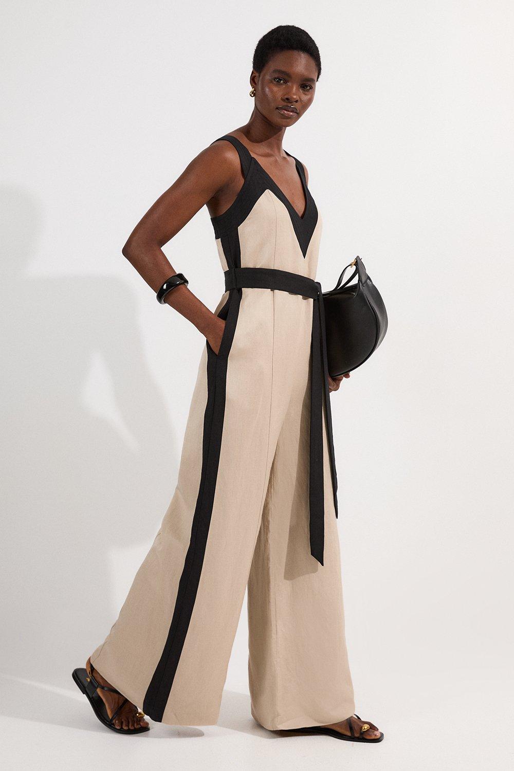 Contrast Linen Cross Back Woven Jumpsuit - Brown