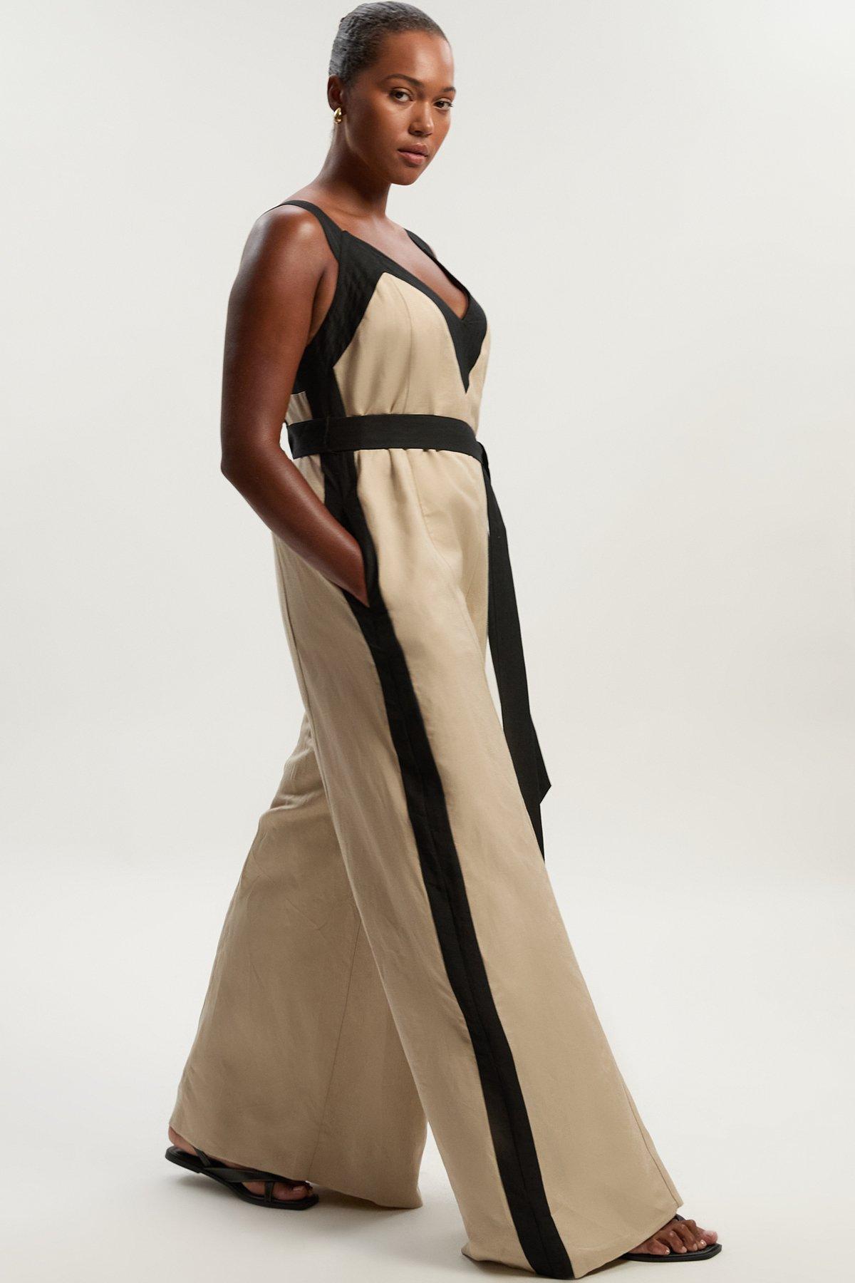 Plus Size Contrast Linen Cross Back Woven Jumpsuit - Brown