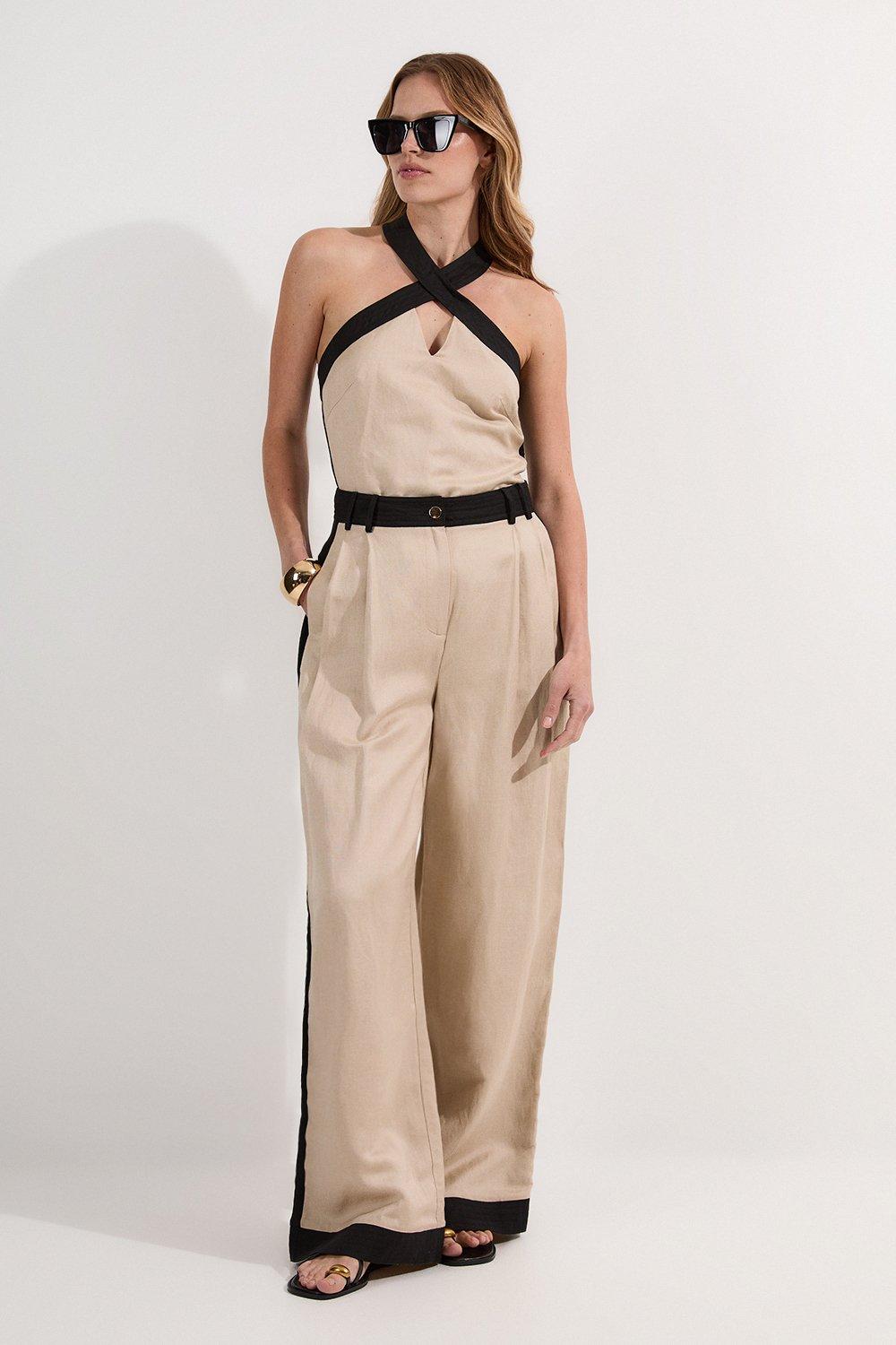 Petite Linen Viscose Colour Block Woven Trouser - Brown