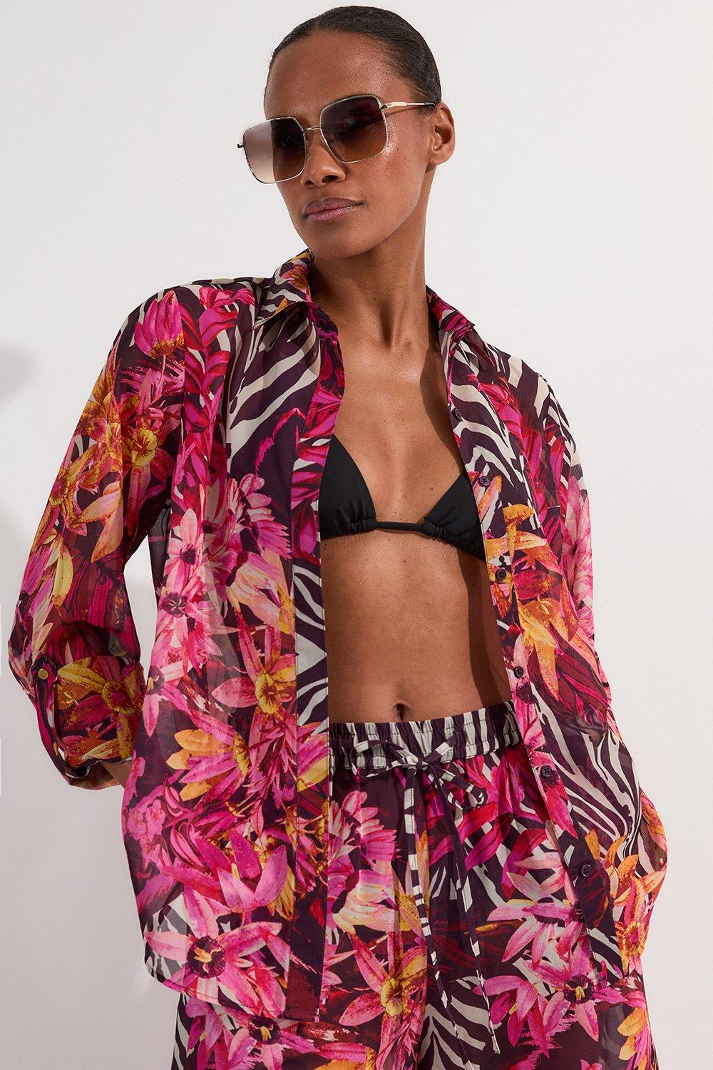 Beach Tropical Georgette Beach Shirt - Pink