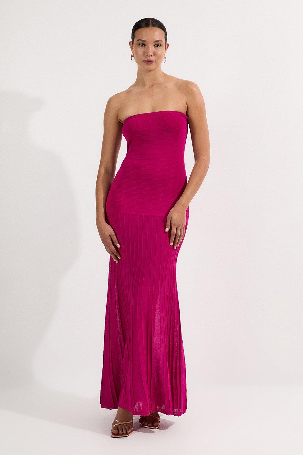 Striped Bardot Knit Maxi Dress - Pink