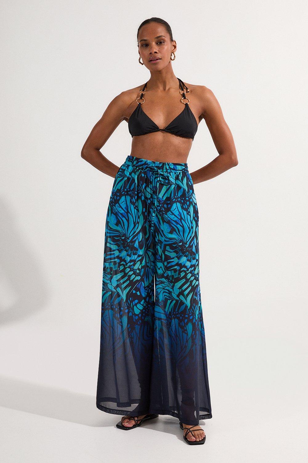 Tall Ombre Butterfly Georgette Wide Leg Beach Trouser - Turquoise