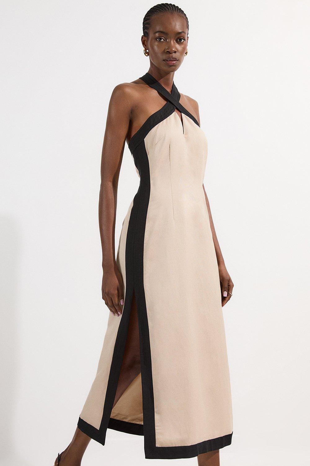 Petite Contrast Linen Halter Neck Woven Maxi Dress - Brown