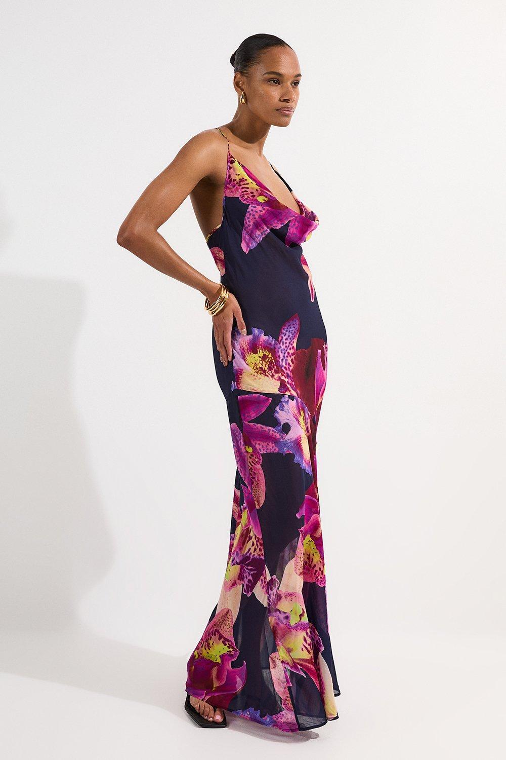 Beach Viscose Georgette Photographic Floral Beach Slip Dress – Navy