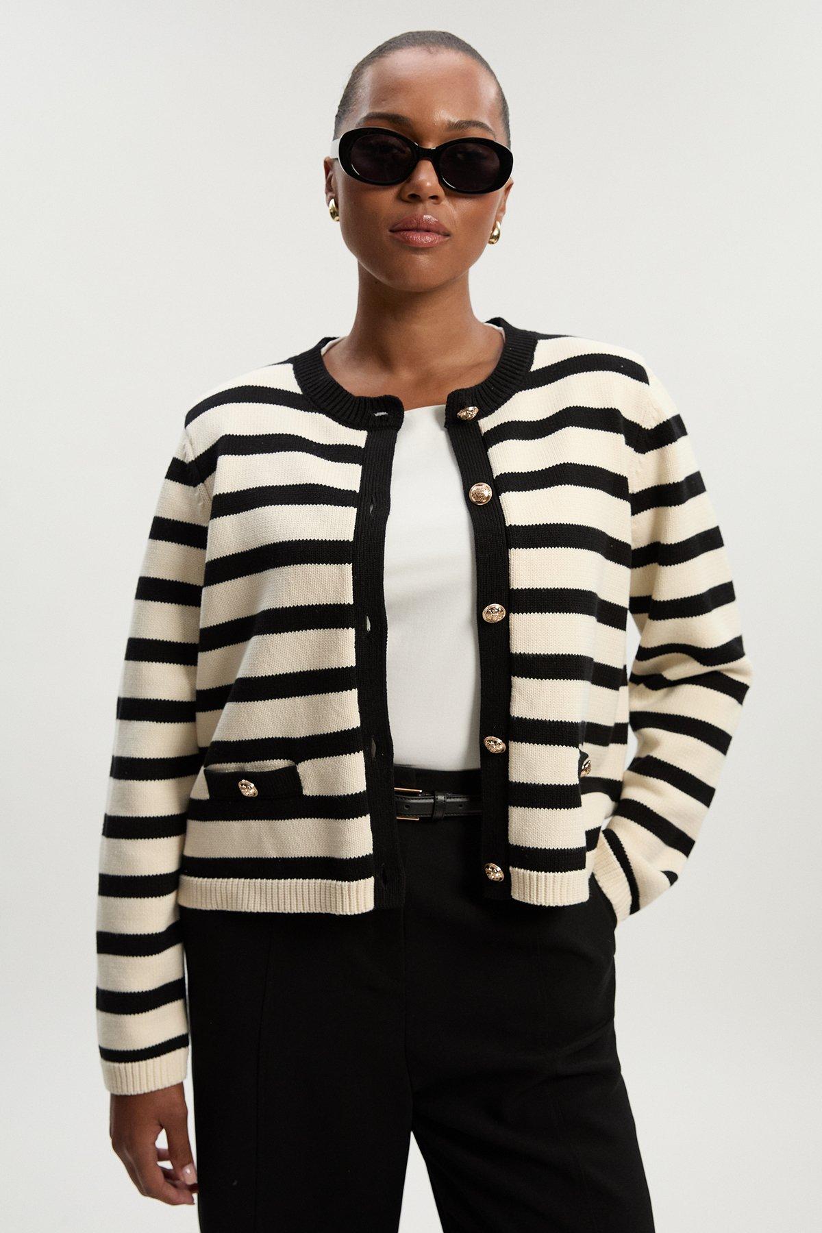 Plus Size Cotton Knit Nautical Boxy Stripe Jacket - Mono