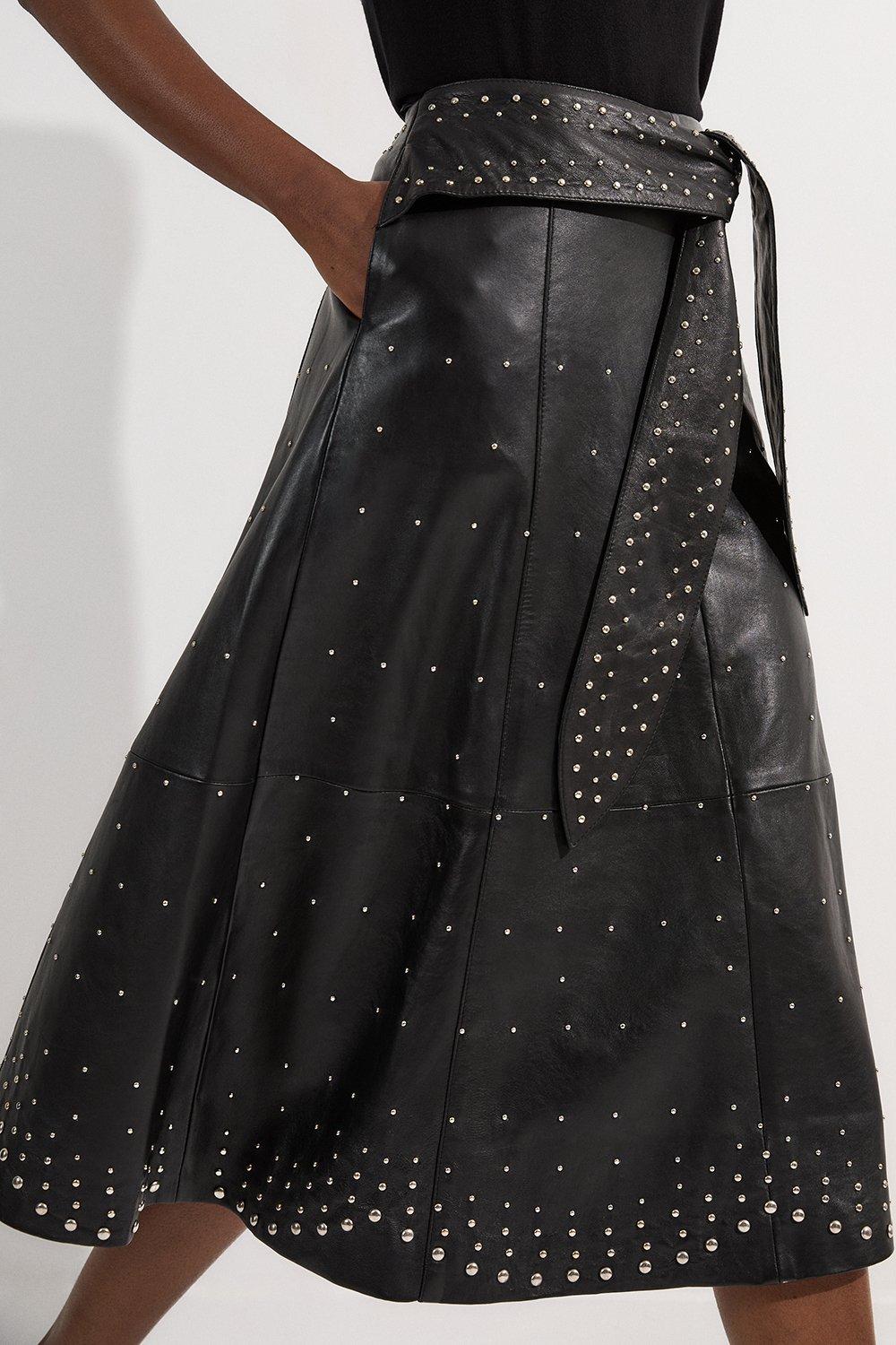 Studded Leather Tie Belted Full Midi Skirt – Black