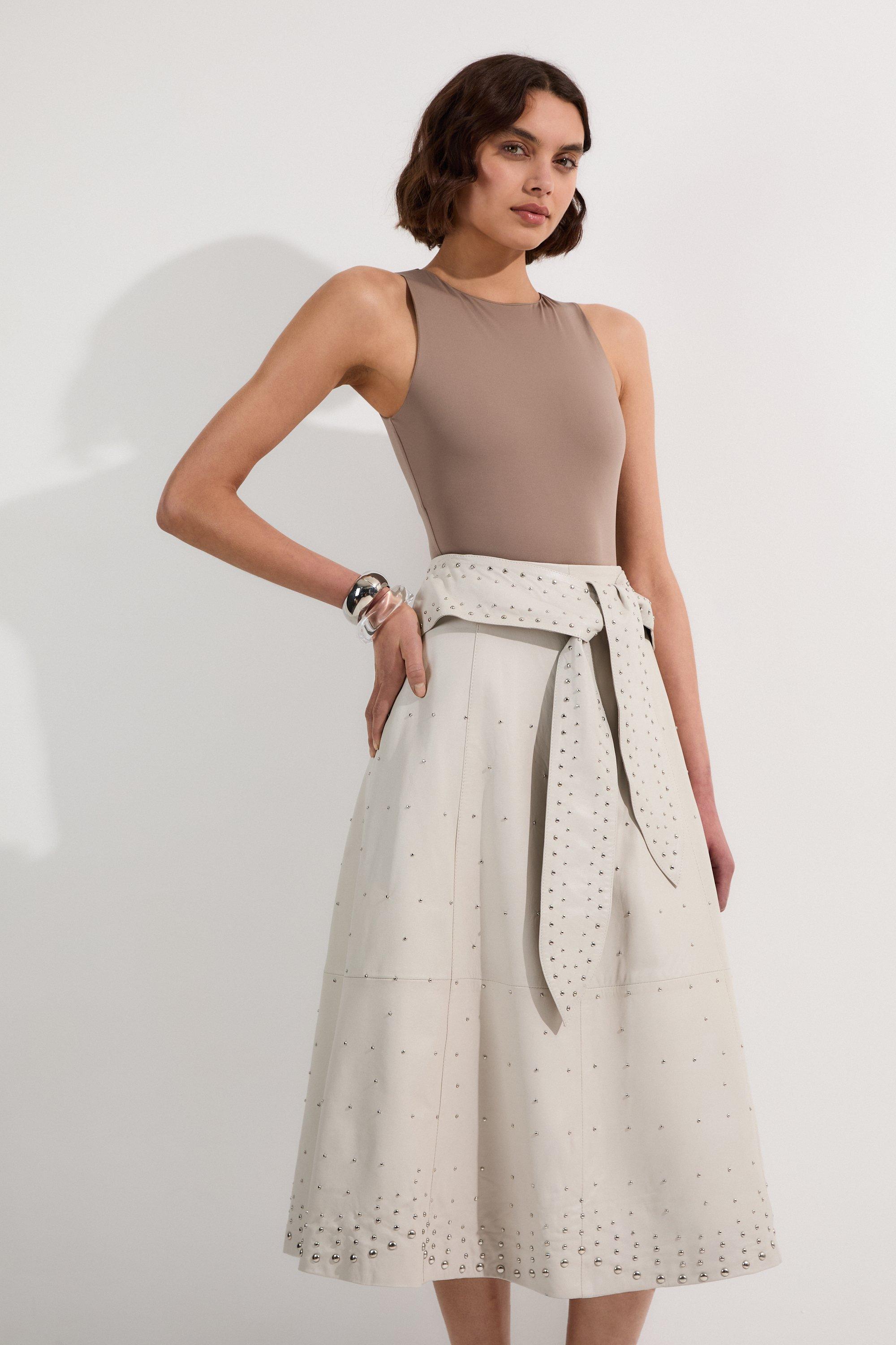 Studded Leather Tie Belted Full Midi Skirt – Ivory