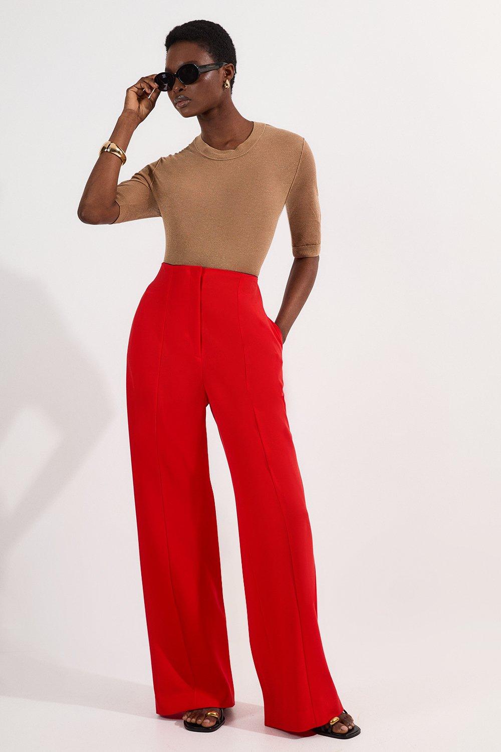 Tailored Drape High Waist Wide Leg Trousers - Red