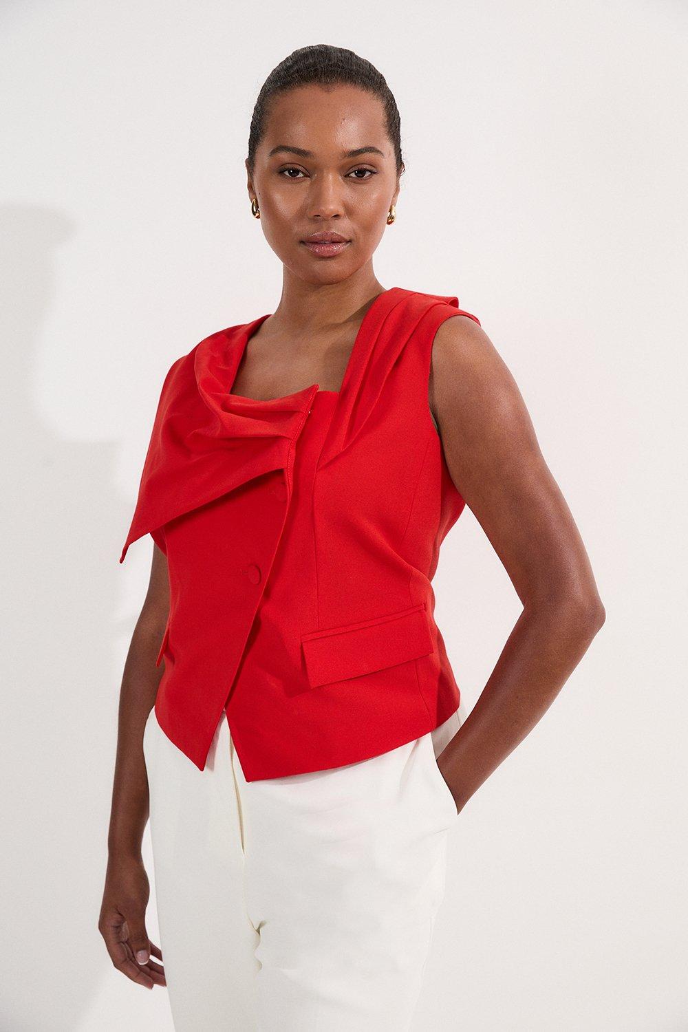 Plus Size Tailored Drape Detail Sleeveless Jacket - Red