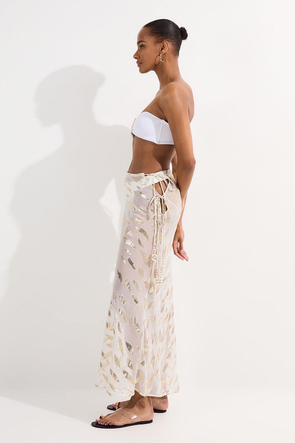 Beach Metallic Thread Tie Waist Maxi Skirt - Ivory