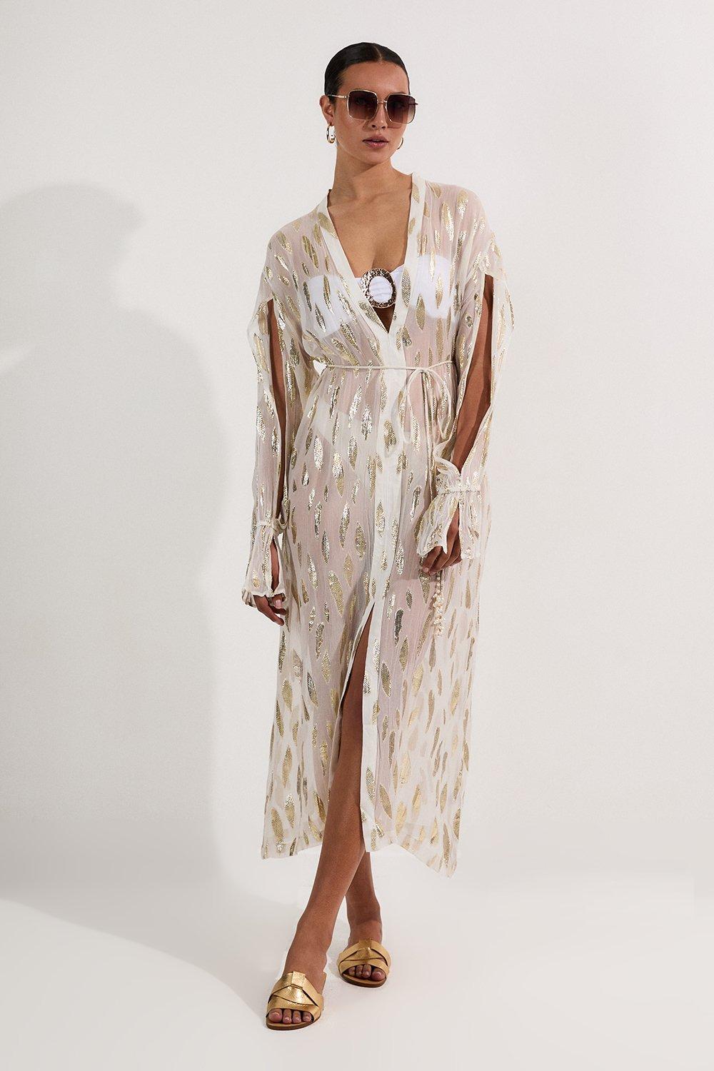 Beach Metallic Thread Plunge Shirt Maxi Dress - Ivory