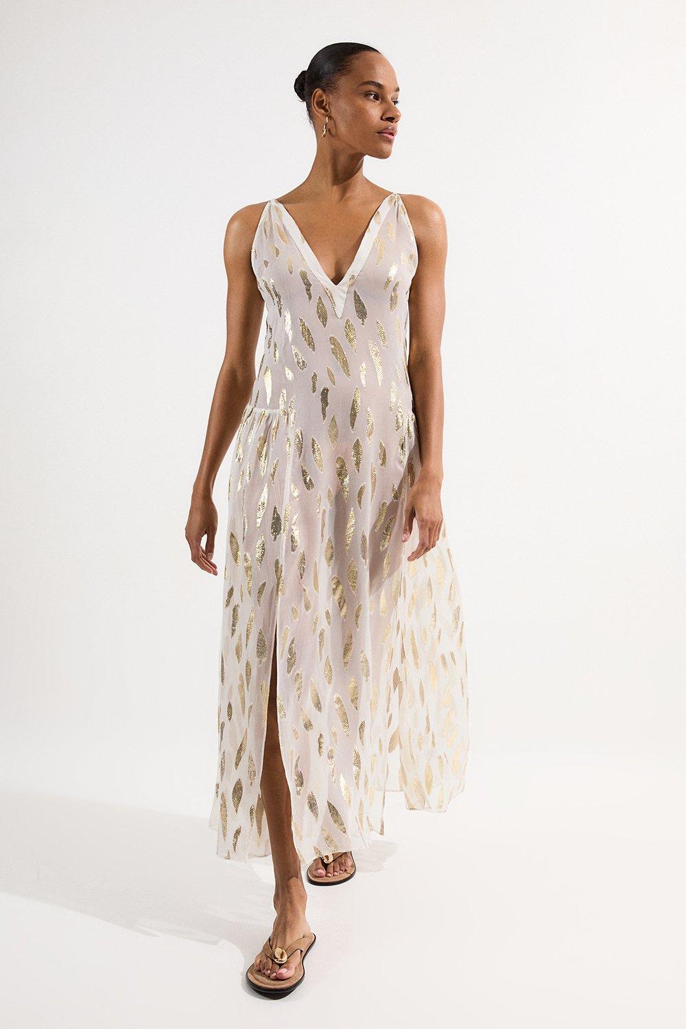 Beach Metallic Thread Strappy Maxi Dress - Ivory