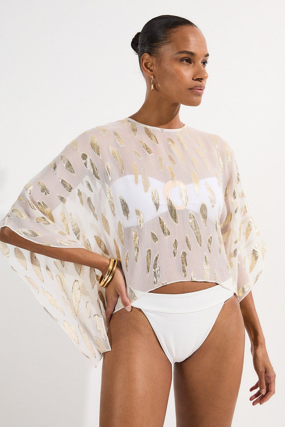 Beach Metallic Thread Kimono Sleeve Top - Ivory