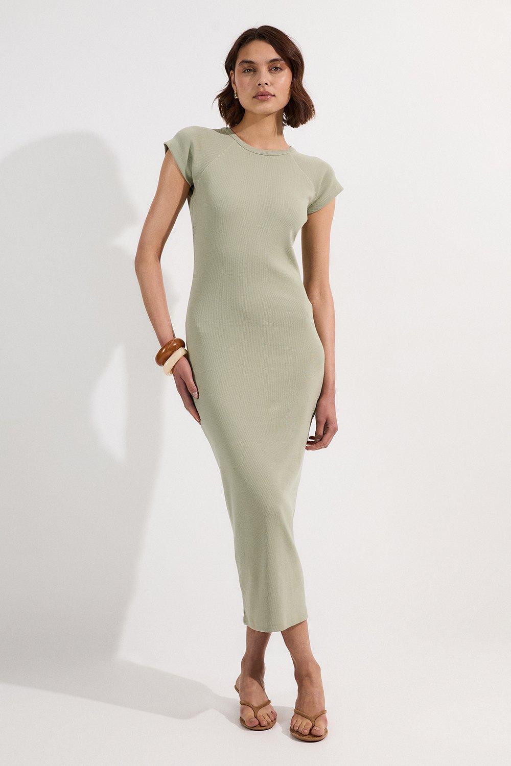 Petite Compact Jersey Rib Cap Sleeve Maxi Dress - Sage