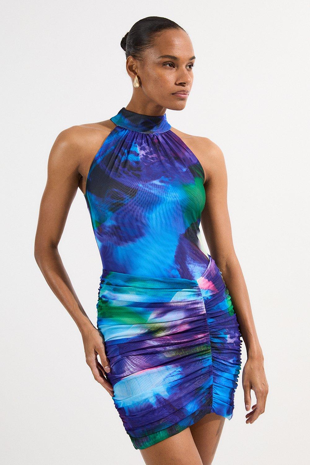 Petite Printed Mesh Jersey Halter Neck Mini Dress - Purple