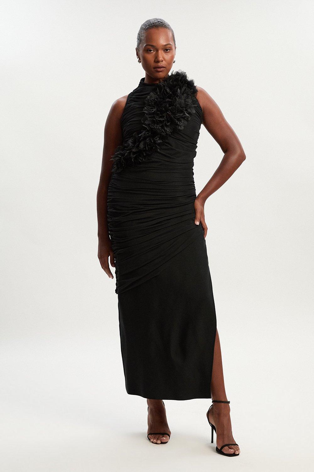 Plus Size Gathered Fabric Bandage Knitted Maxi Dress - Black