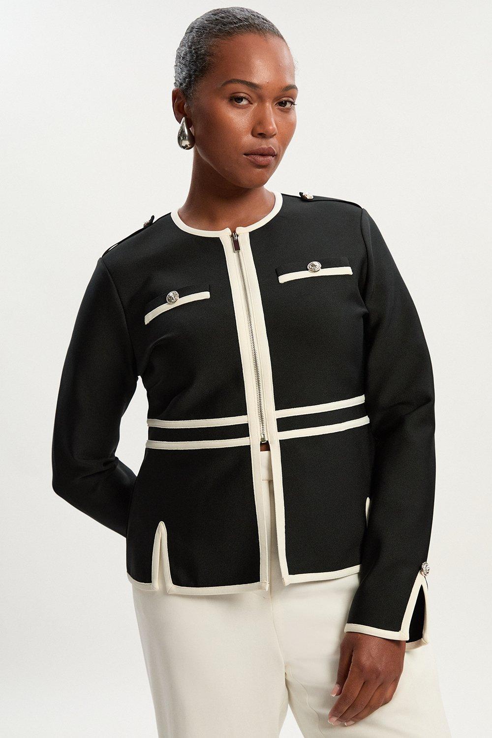 Plus Size Figure Form Bandage Military Contrast Piping Knit Split Hem Jacket - Mono