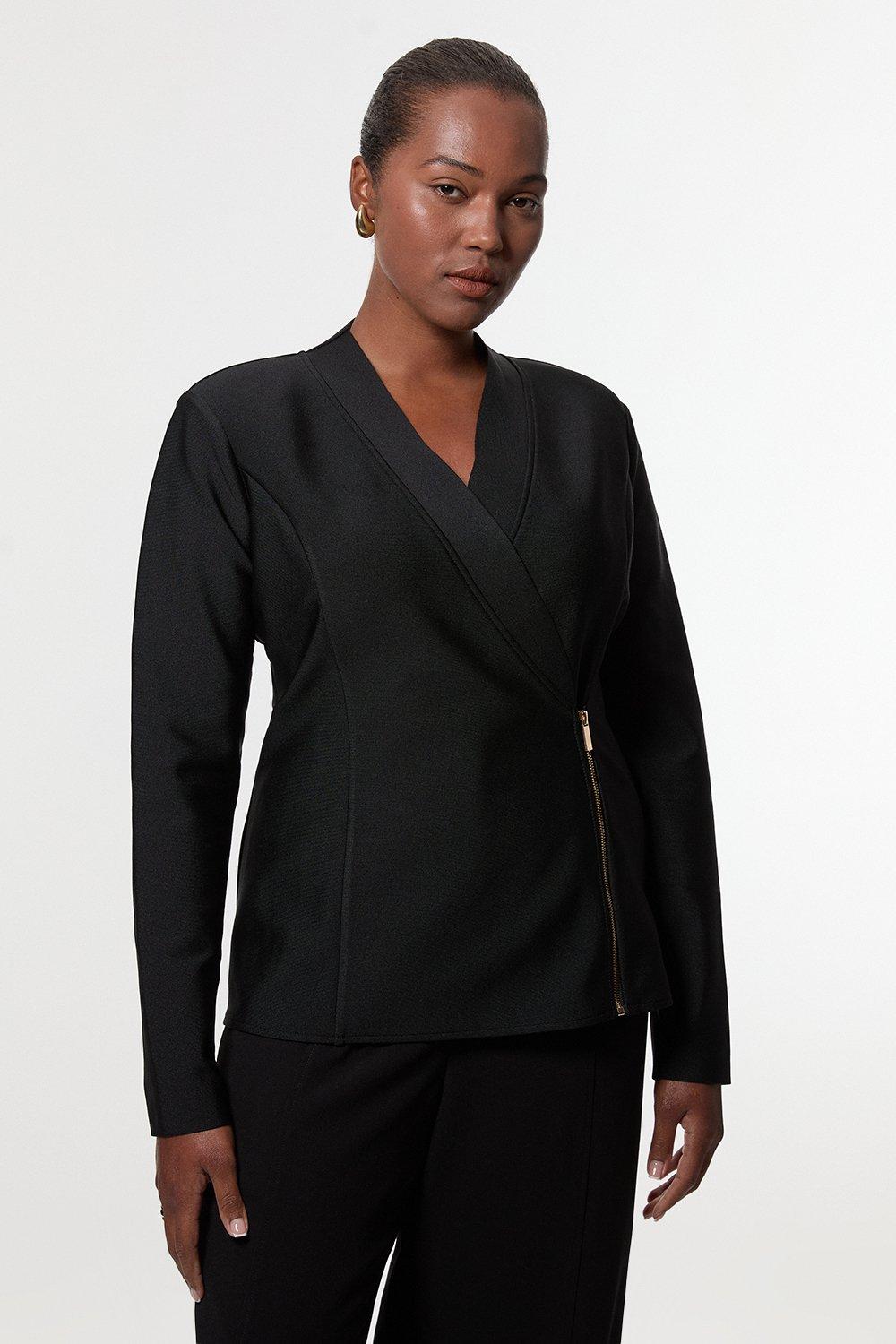 Plus Size Figure Form Bandage Knit Side Zip Longline Jacket - Black