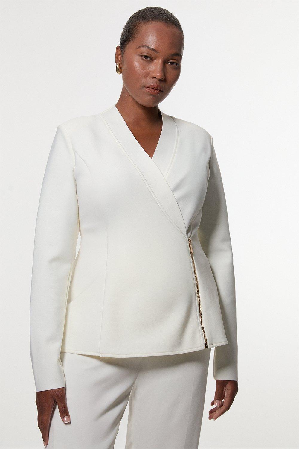 Plus Size Figure Form Bandage Knit Side Zip Longline Jacket - Ivory