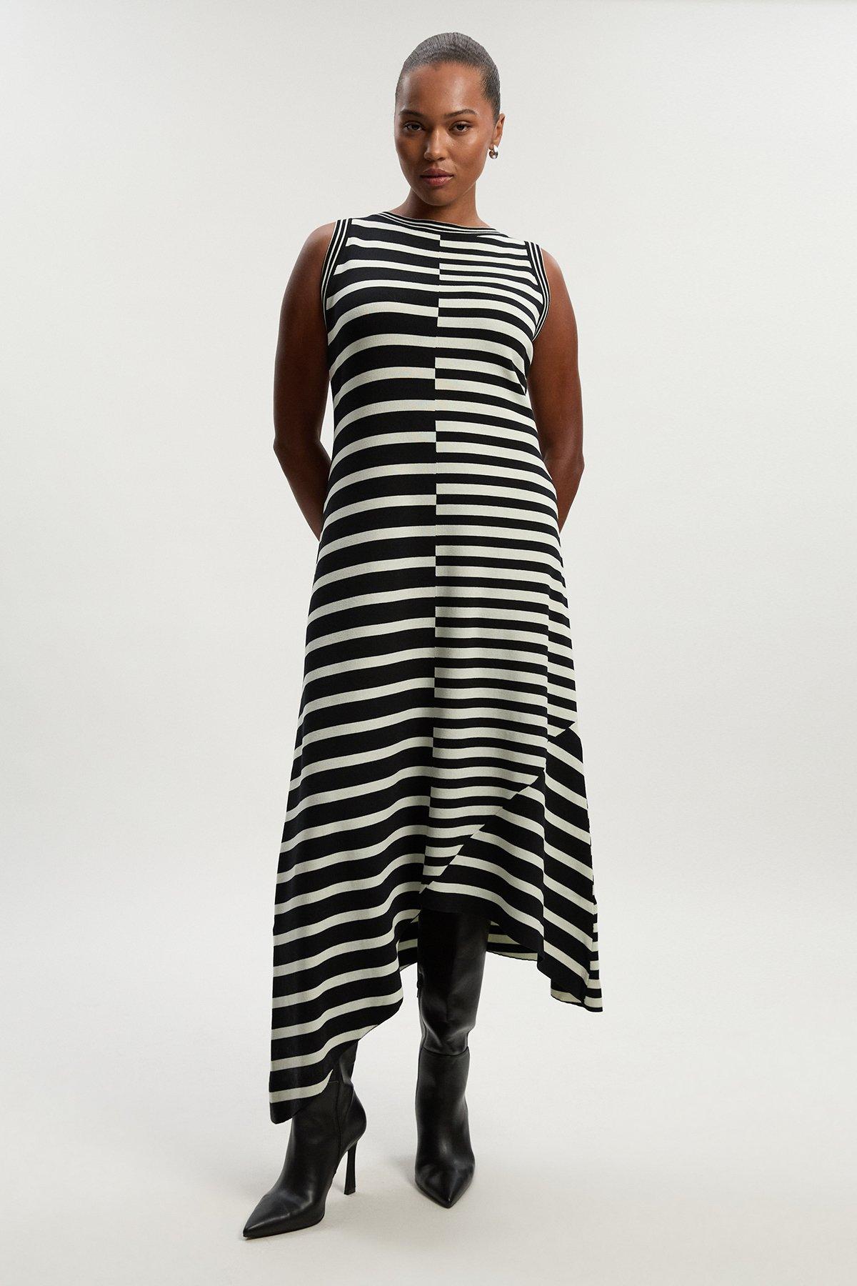 Plus Size Asymmetric Hem Cut About Stripe Sleeveless Knitted Midi Dress - Mono