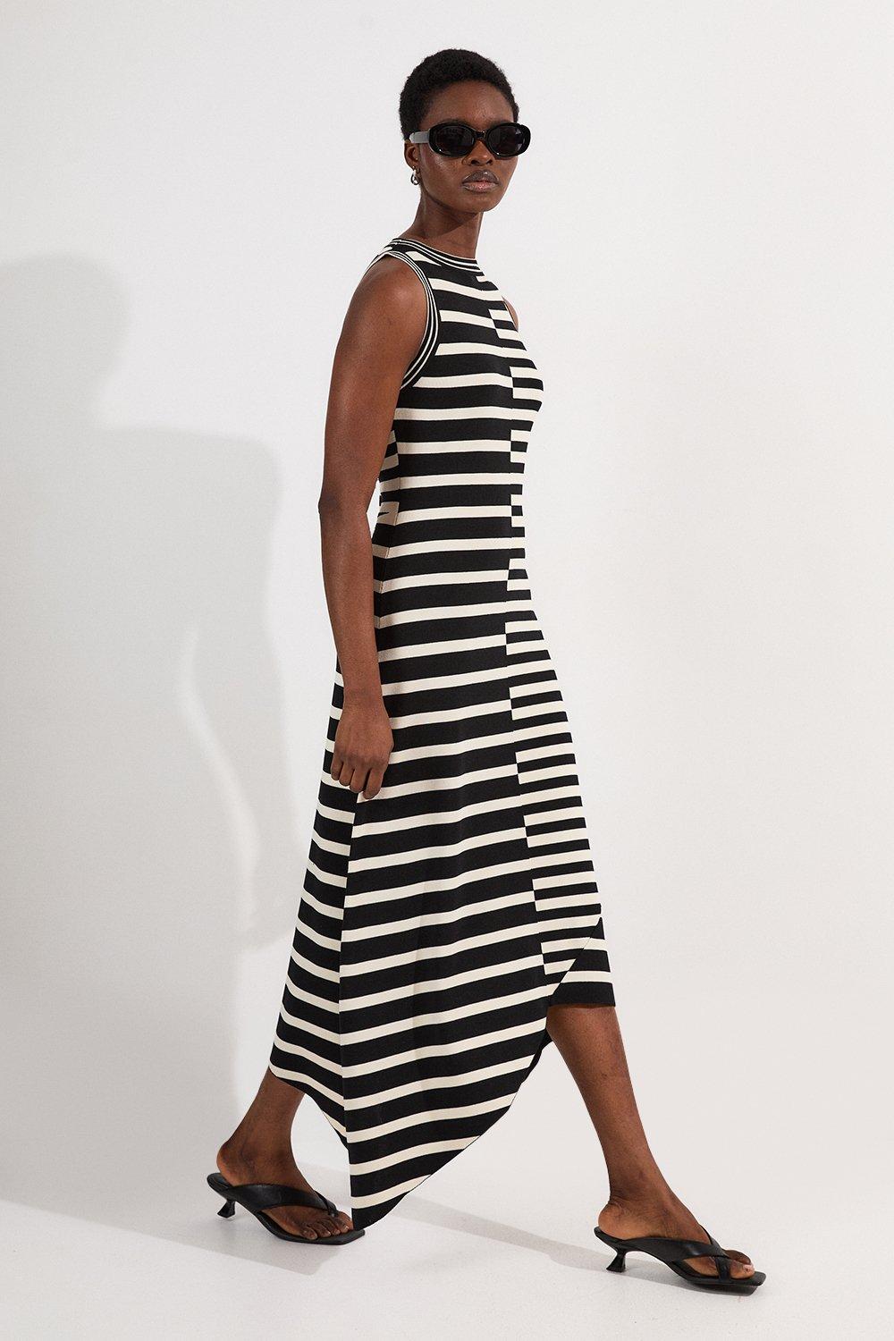 Petite Asymmetric Hem Cut About Stripe Sleeveless Knitted Midi Dress - Mono