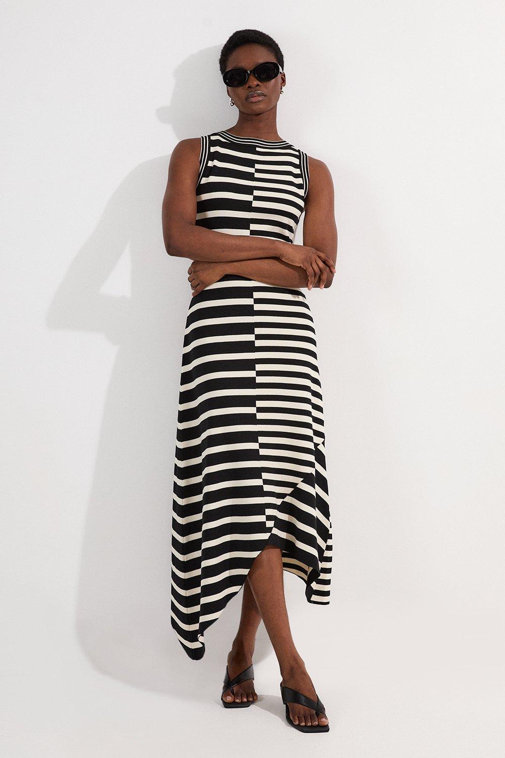 Tall Asymmetric Hem Cut About Stripe Sleeveless Knitted Midi Dress - Mono