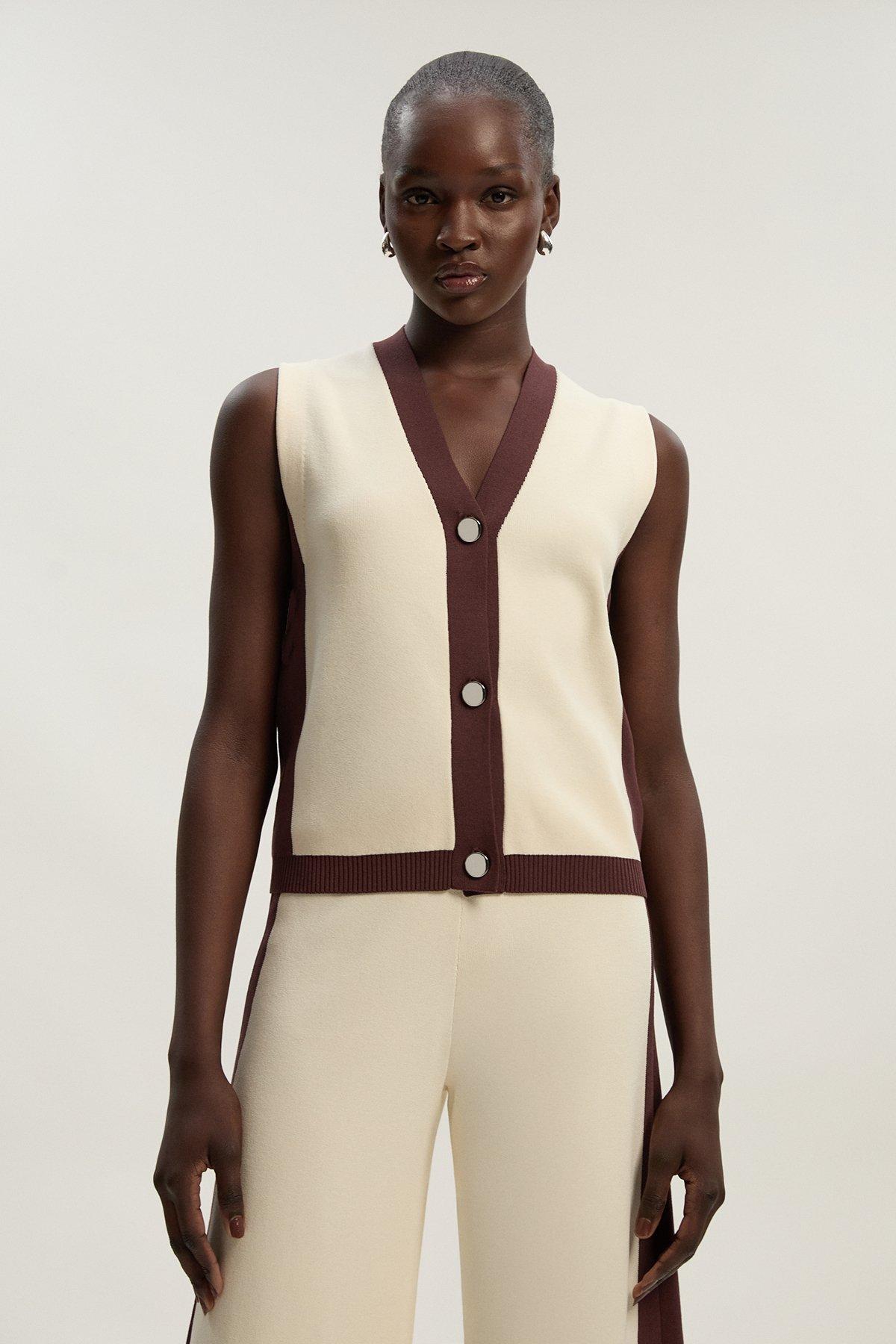 Colour Block Knitted Waistcoat - Cream