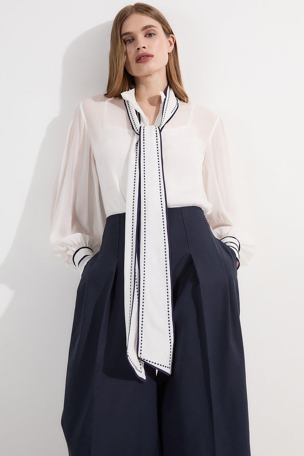 Archive Collection - Petite Balloon Sleeve Contrast Stitch Bow Woven Blouse - Ivory