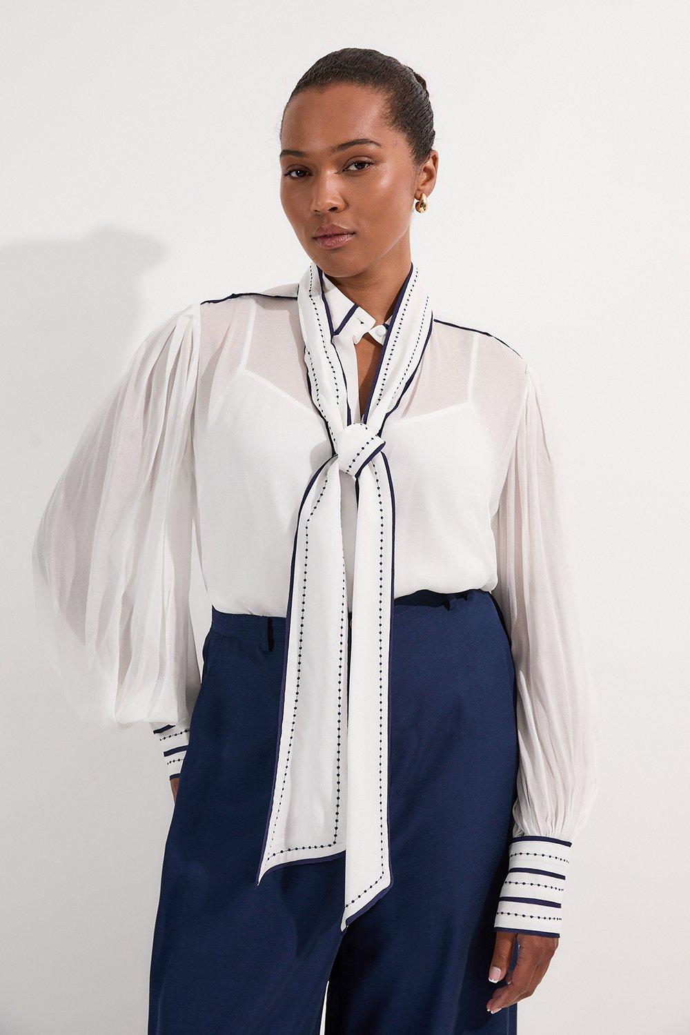 Archive Collection - Plus Size Balloon Sleeve Contrast Stitch Bow Woven Blouse - Ivory