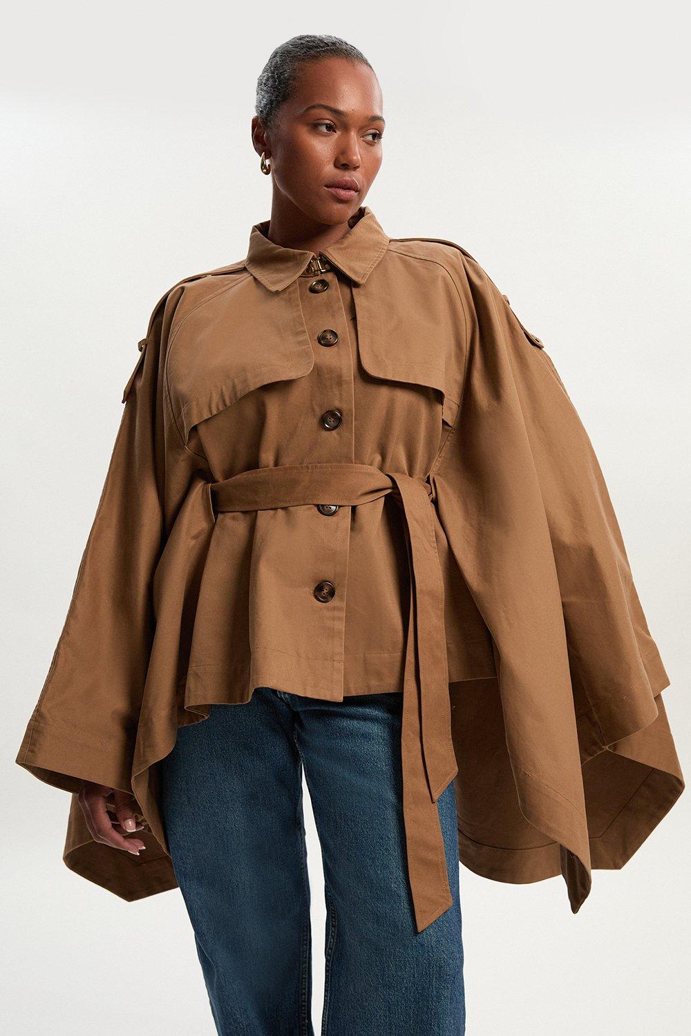 Plus Size Cape Detail Trench Coat - Camel