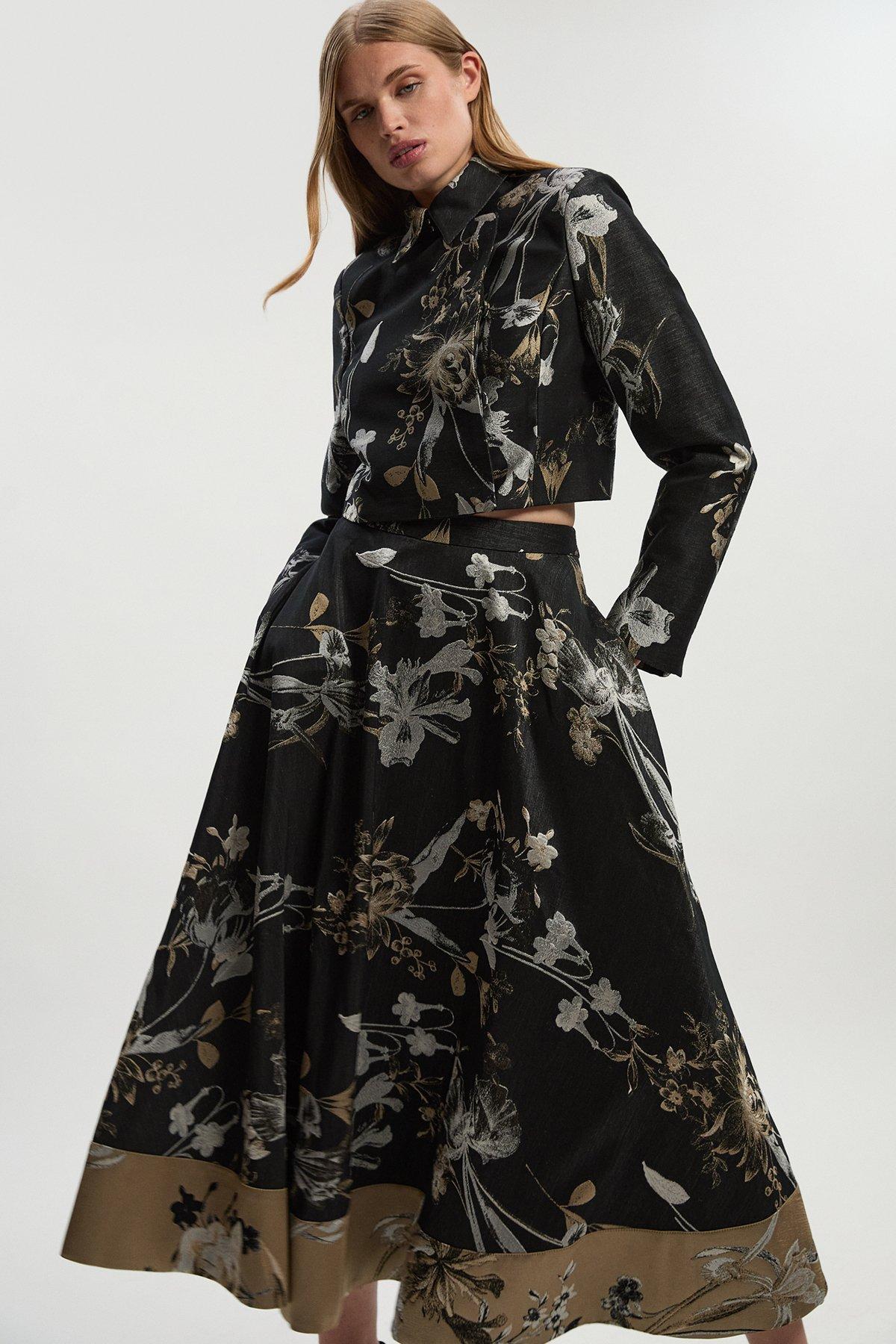 Floral Jacquard Tailored Full Midi Skirt - Black