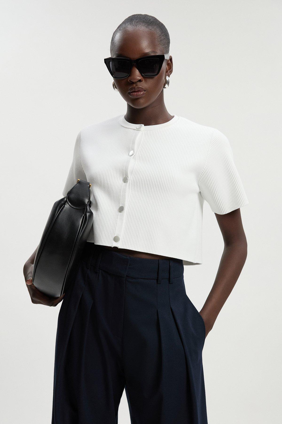 Ottoman Stitch Short Sleeve Knitted Cardi - White