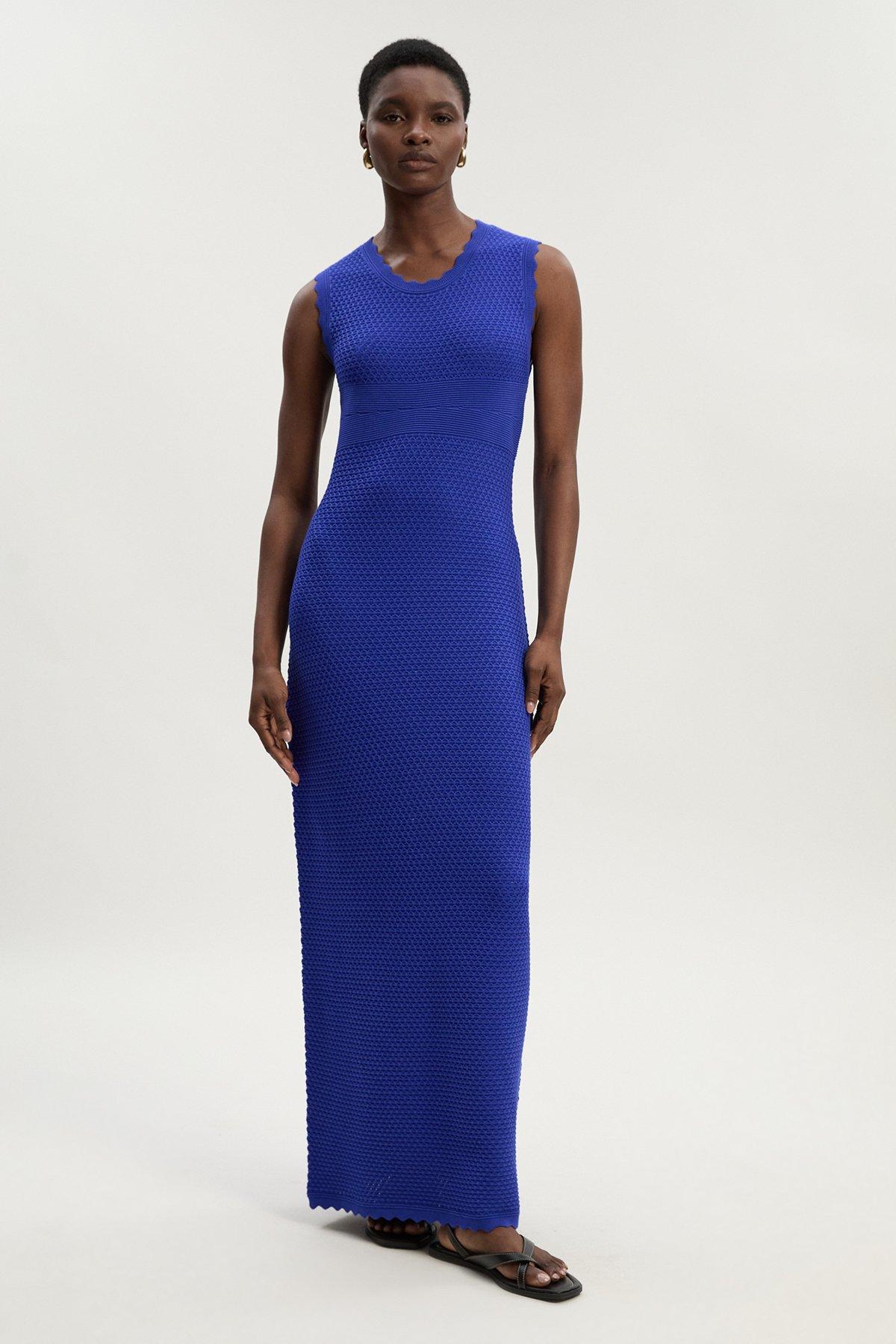 Textured Stitch Wrap Back Knitted Maxi Dress - Blue