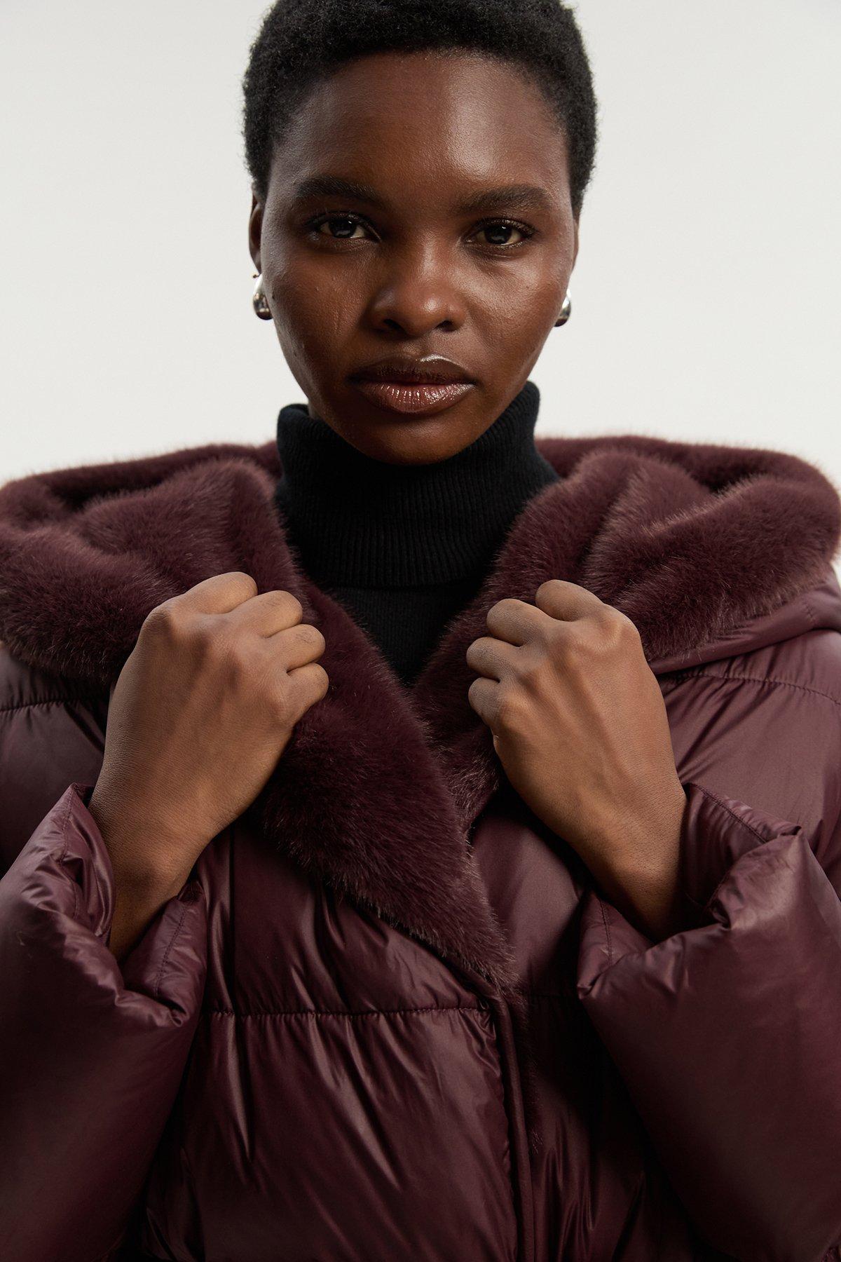 Premium Faux Fur Lined Padded Hooded Belted Midi Coat - Brown