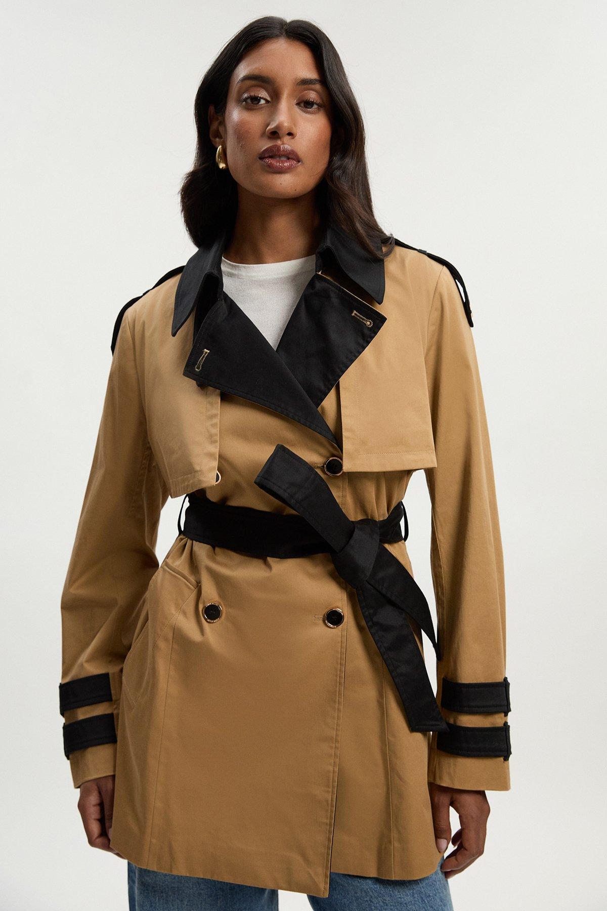 Petite Colour Block Belted Tailored Short Trench Coat - Camel
