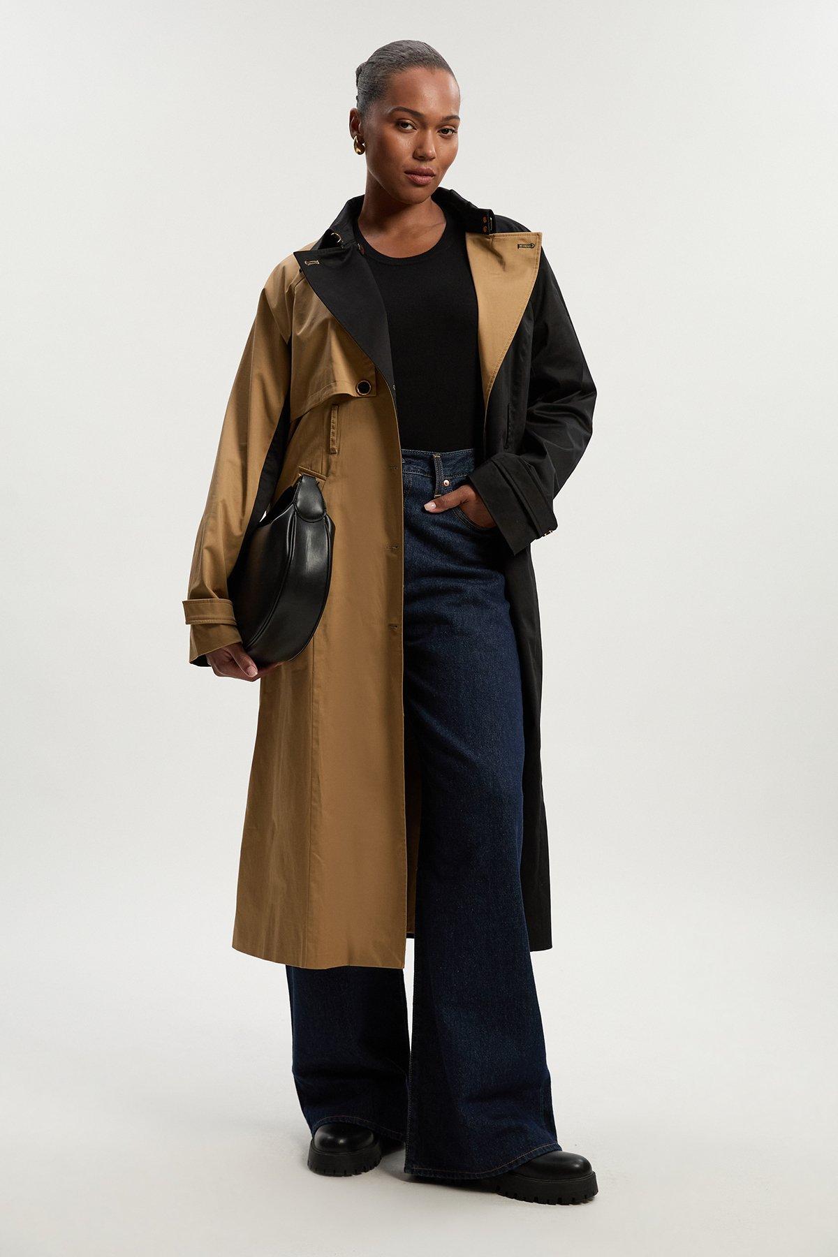 Plus Size Colour Block Belted Tailored Trench Coat - Camel