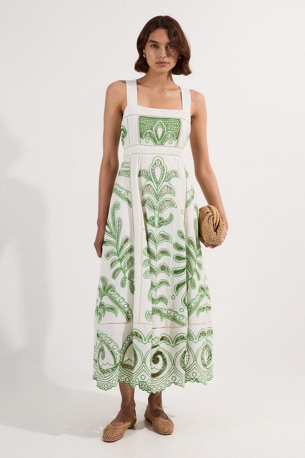Cutwork Embroidered Woven Midi Prom Dress - Green