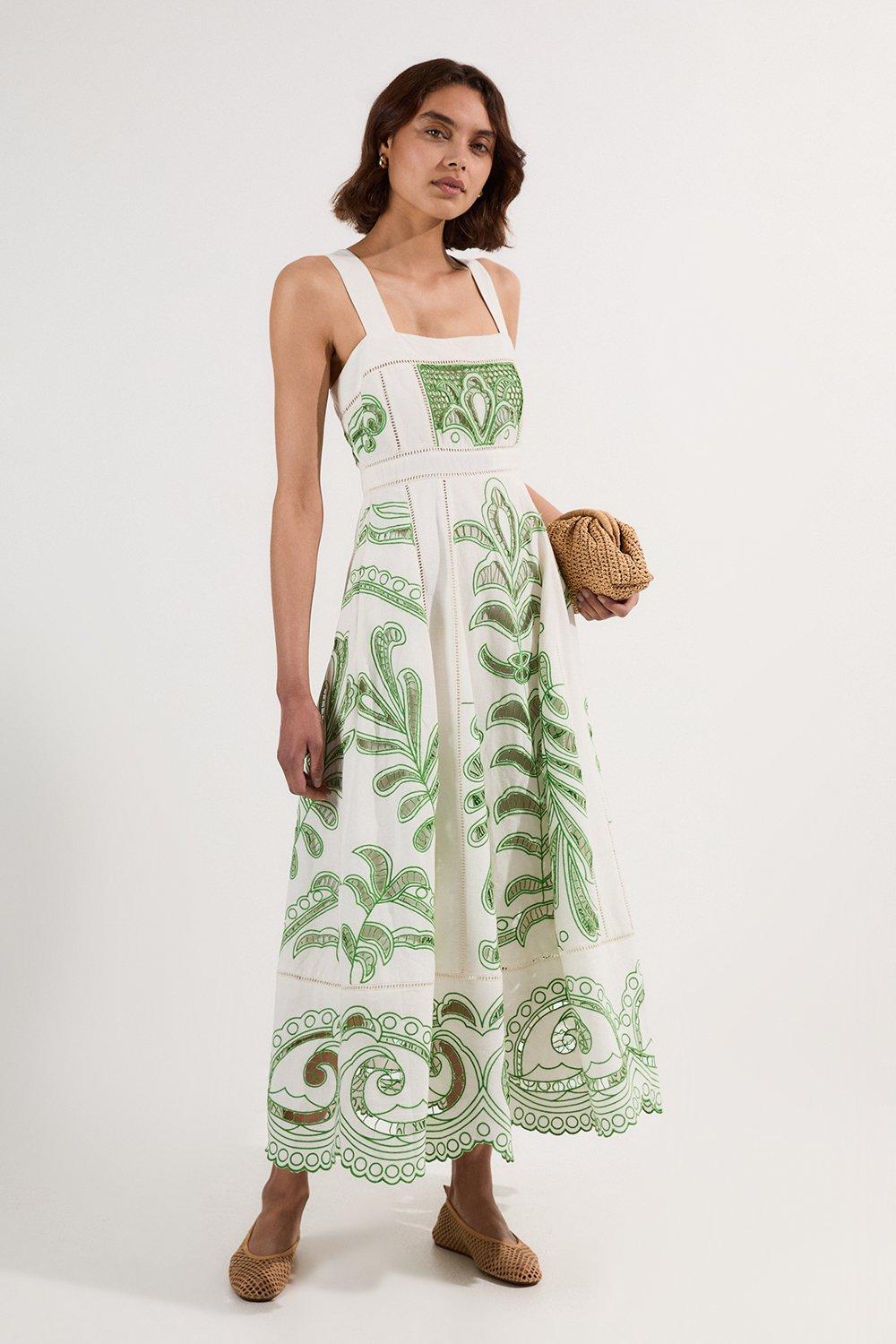 Petite Cutwork Embroidered Wide Woven Midi Prom Dress - Green
