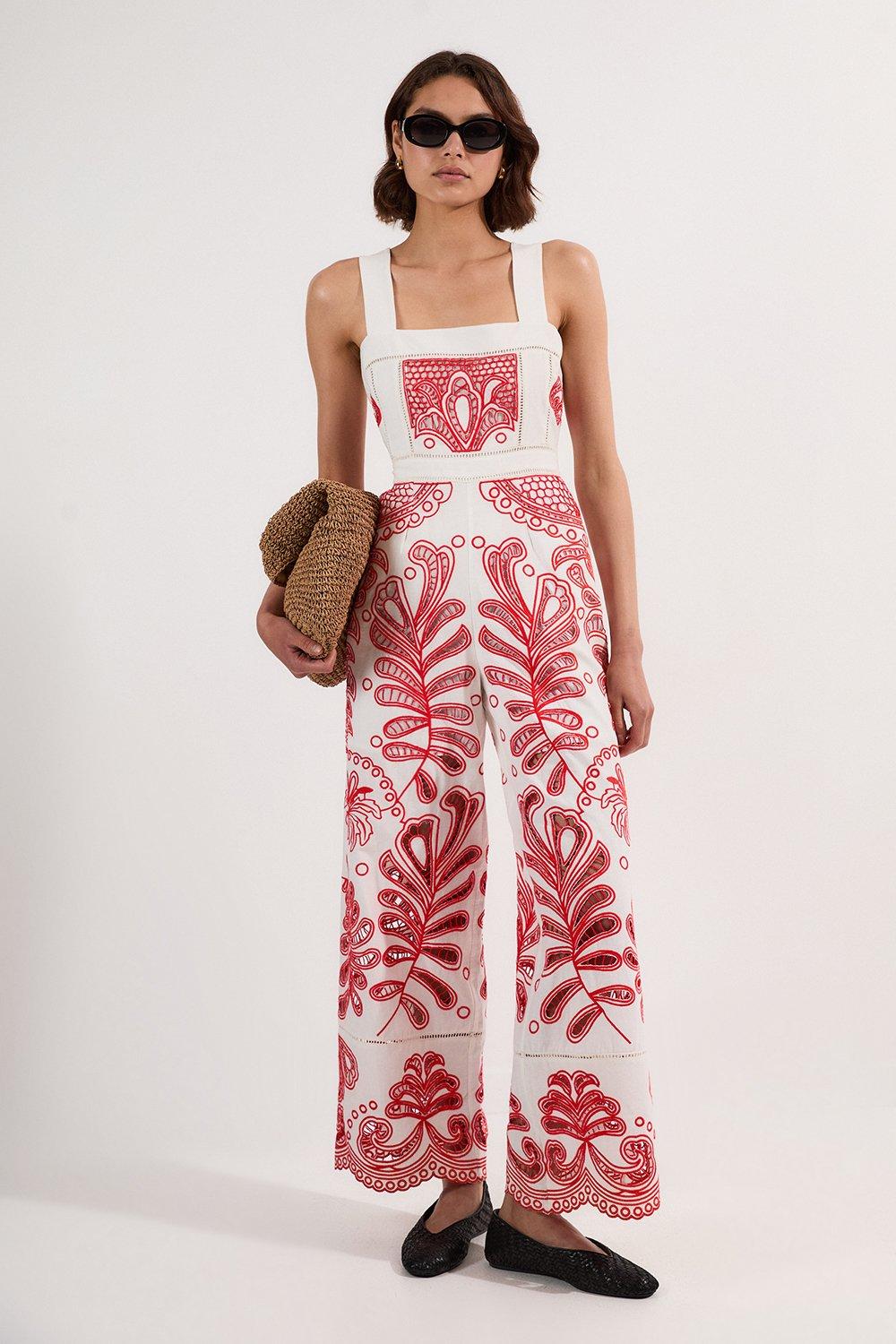 Petite Cutwork Embroidered Wide Leg Woven Jumpsuit - Red