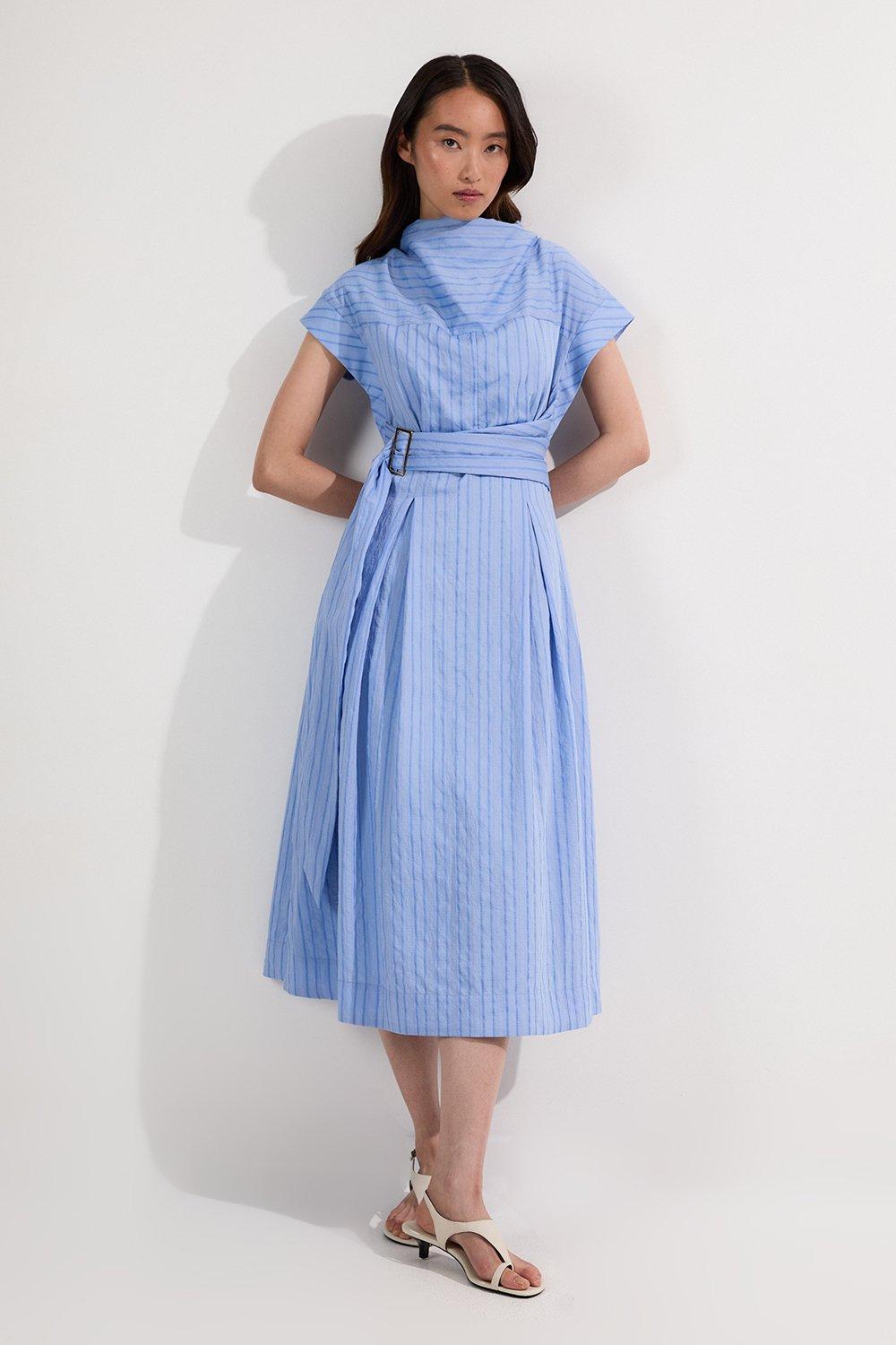 Cotton Stripe High Neck Belted Woven Midi Shirt Dress - Blue