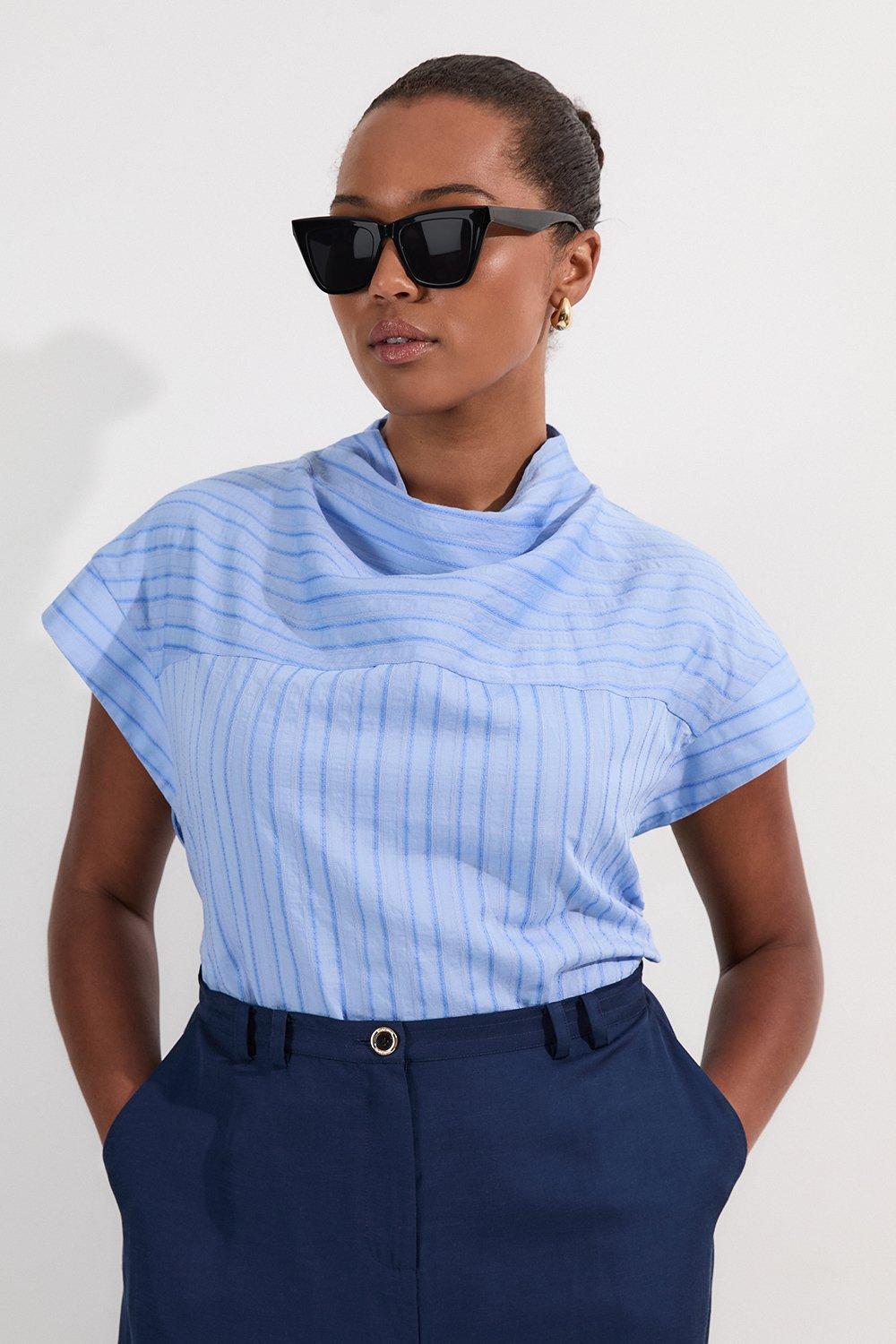 Plus Size Cotton Stripe High Neck Woven Top - Blue