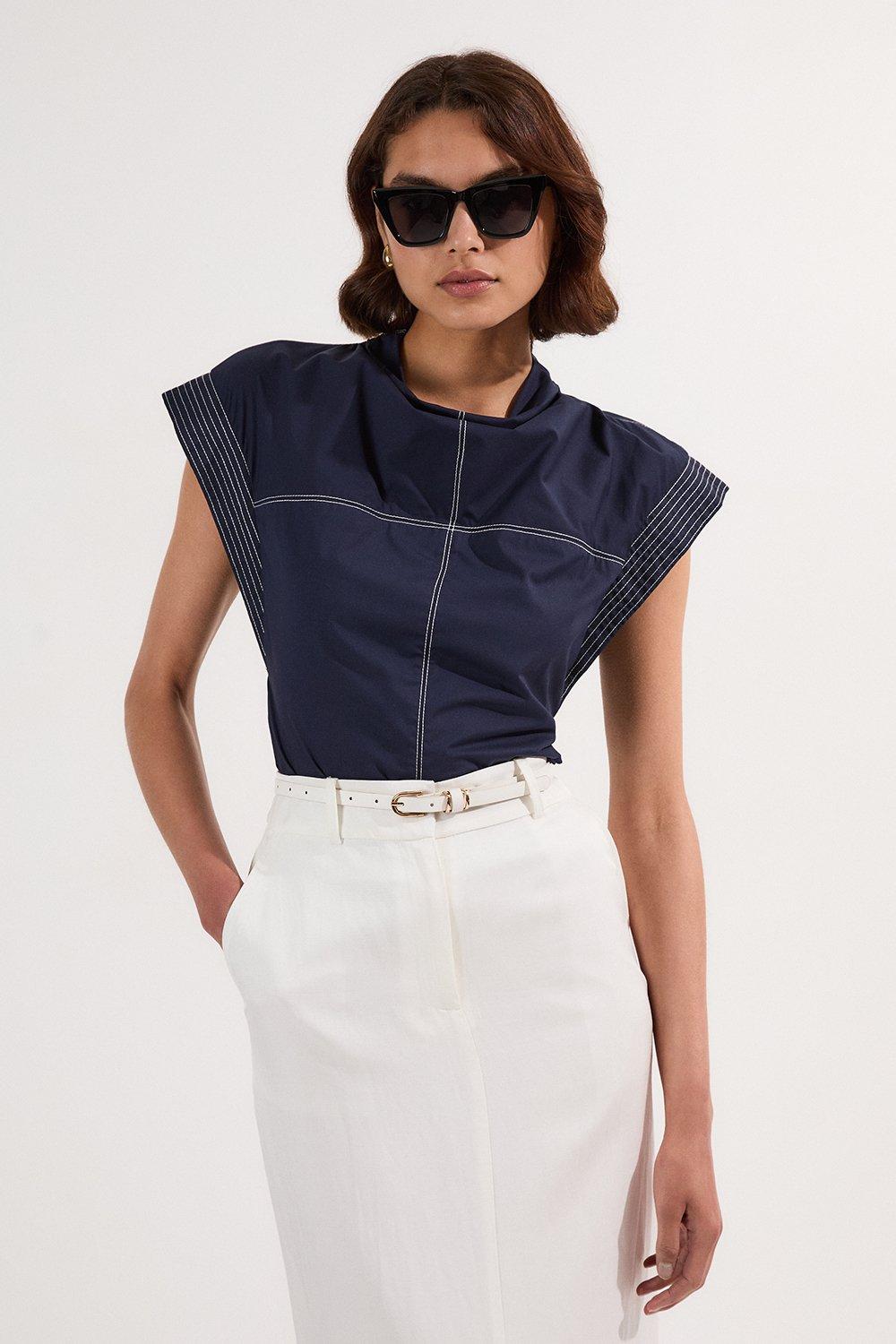 Top Stitch Cotton Poplin Open Back Woven Top - Navy